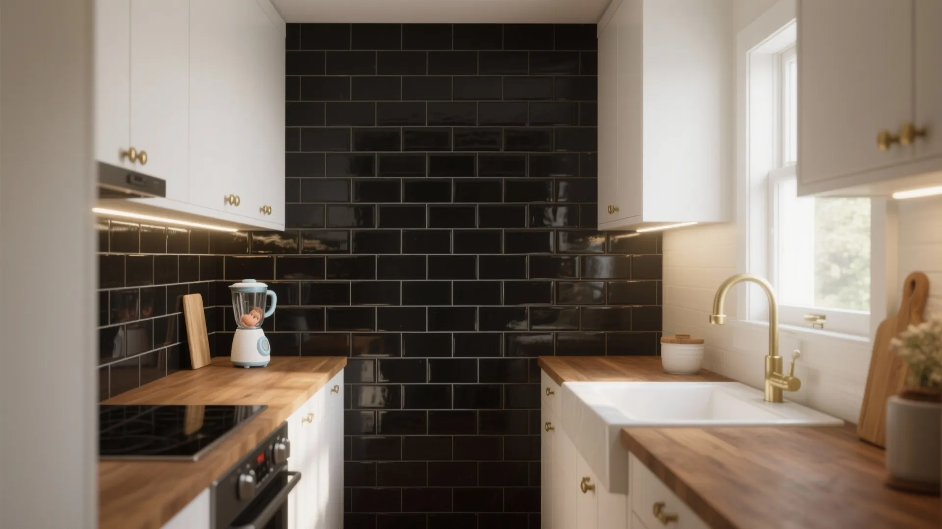 Narrow kitchen featuring black wall tiles white cabinets wooden countertops sink stove and gold water tap