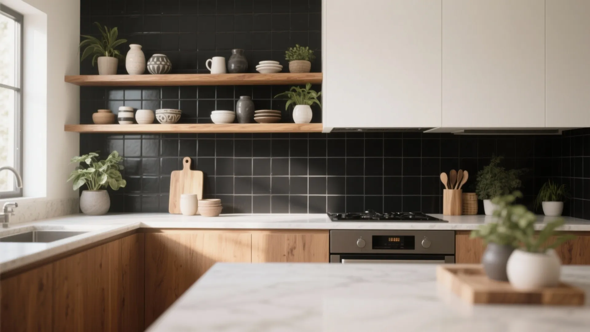 4. Mix black tile with open shelving