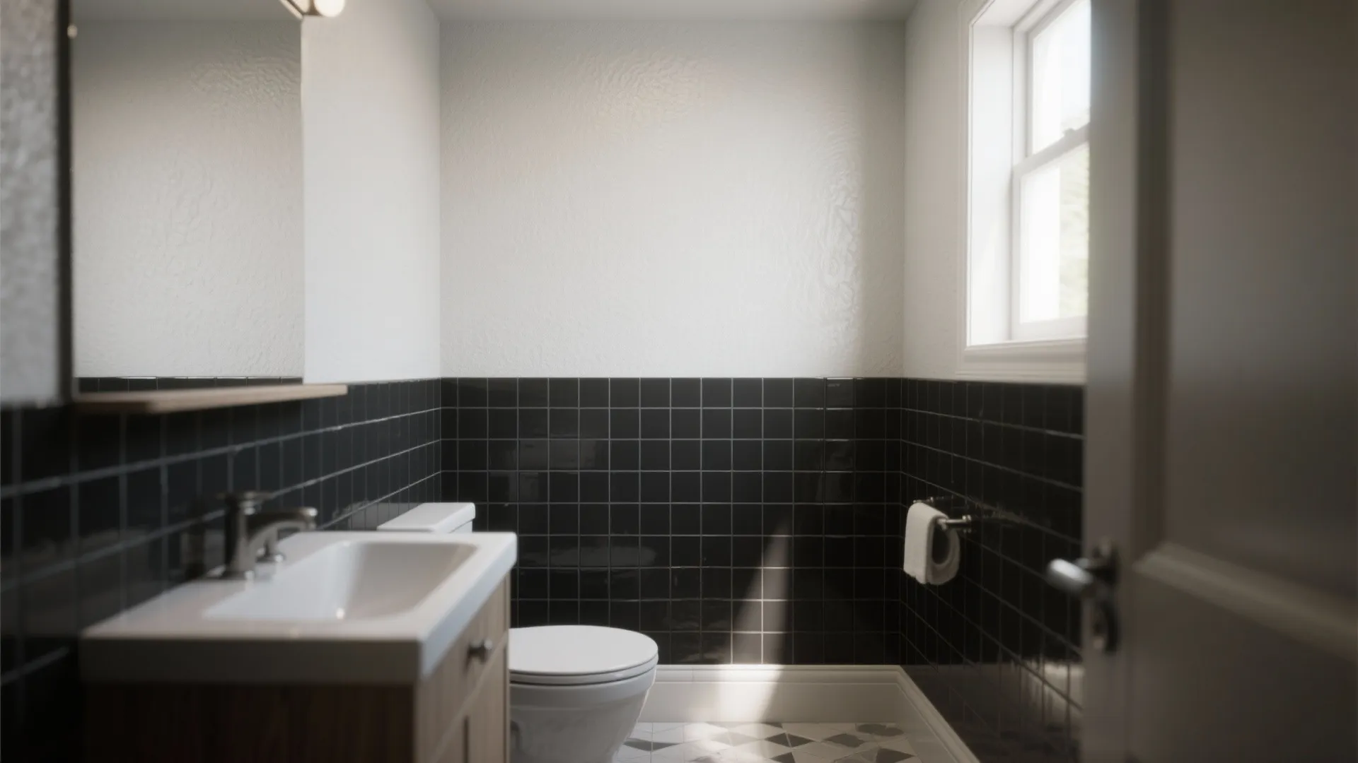 Small bathroom featuring white walls and black wall panel tiles with a white ceramic sink