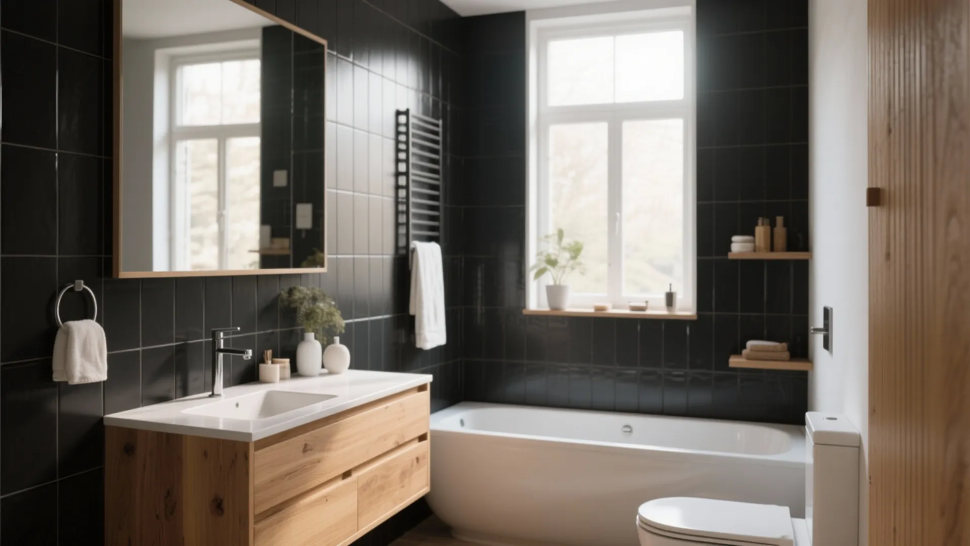 Modern bathroom featuring black wall tiles wooden sink cabinet white bathtub large mirror and natural light