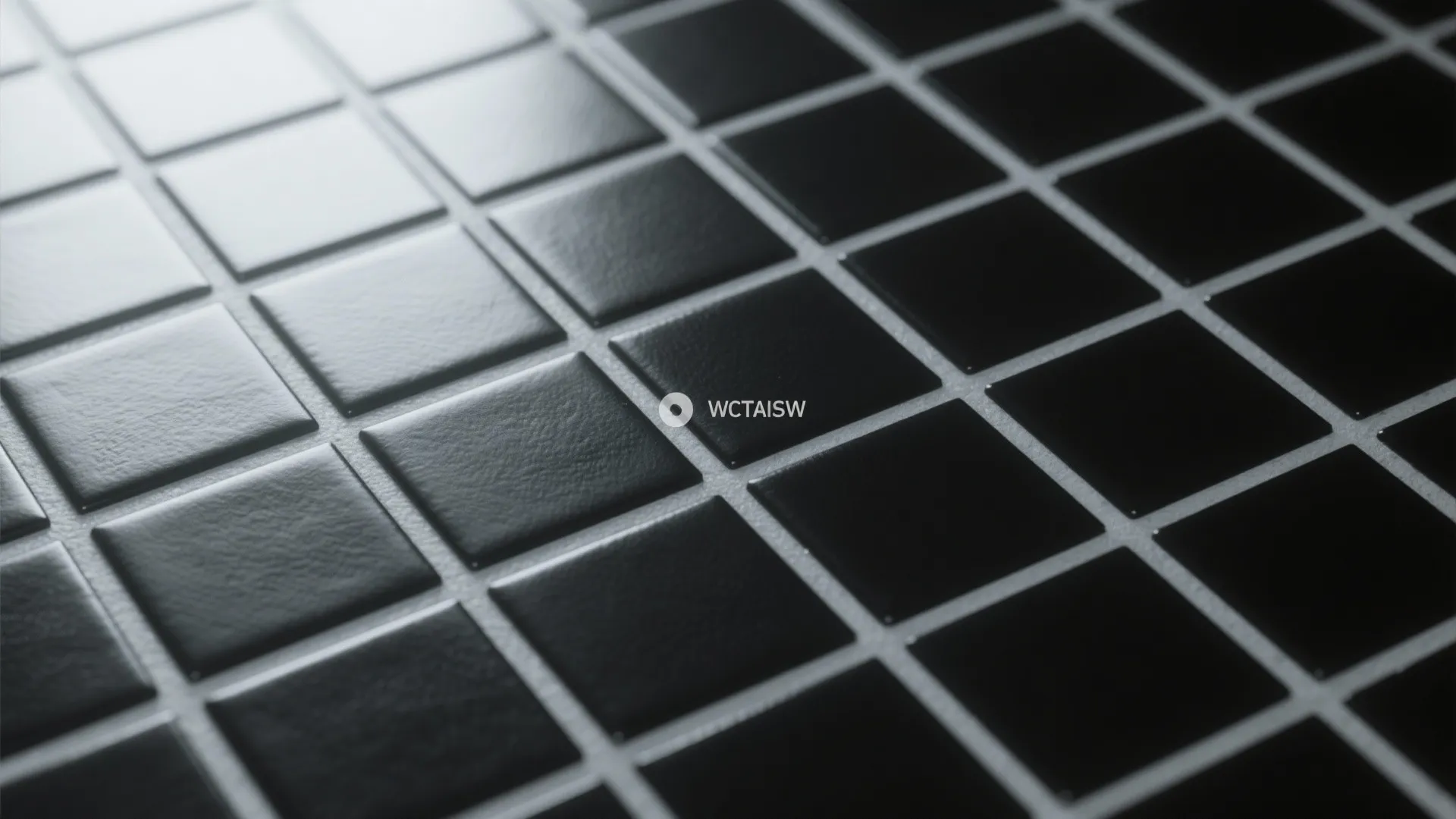 Matte black floor tiles with light grey high-contrast grout in a graphic grid pattern