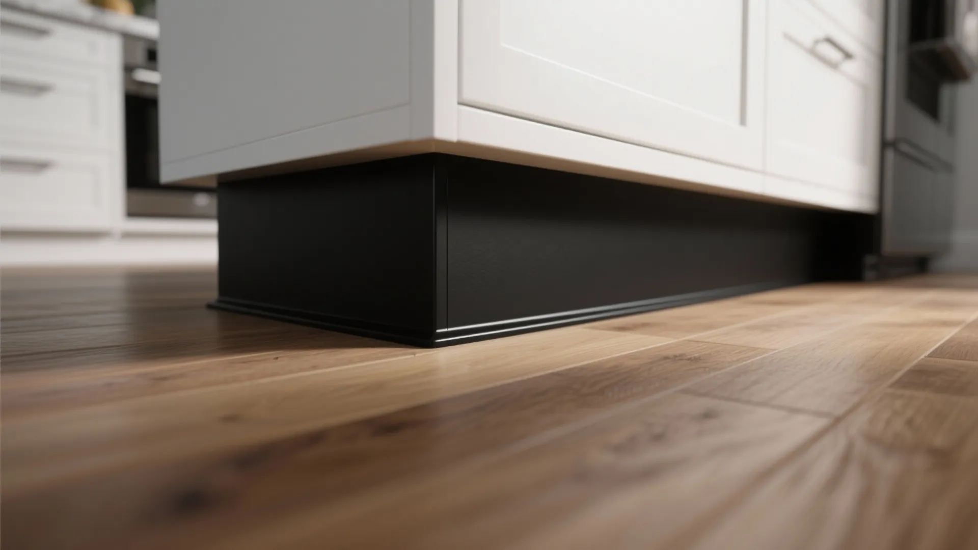 Close-up of a black toe-kick and island leg grounding a white kitchen island.