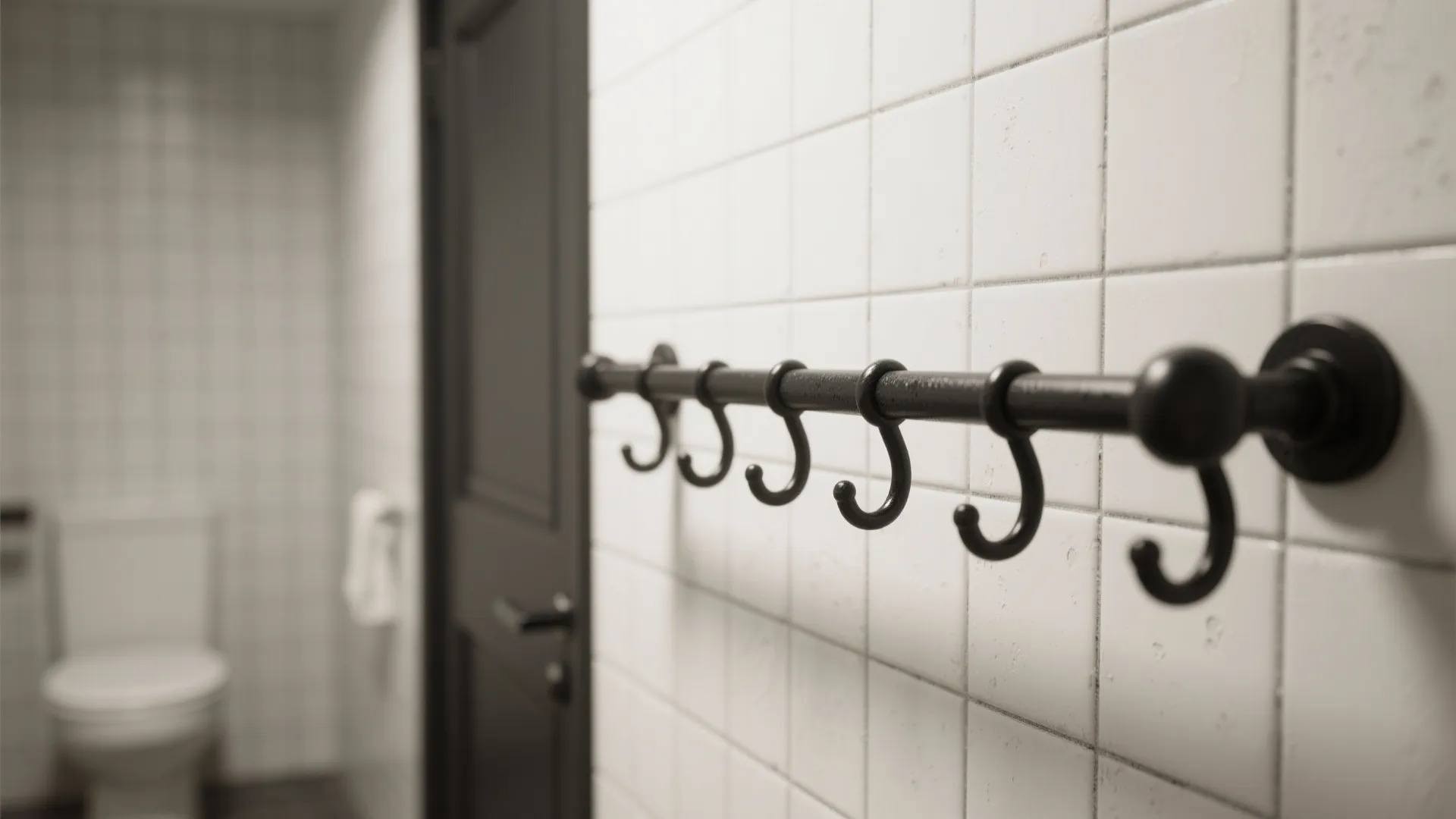 Black towel bar with hooks on white tiled wall inside a bathroom with white toilet