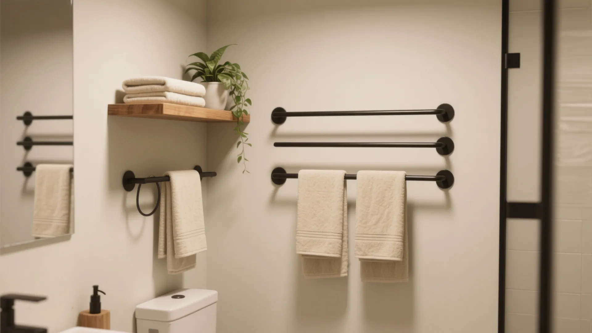 Beige bathroom walls with black towel rails holding white towels next to a wooden wall shelf