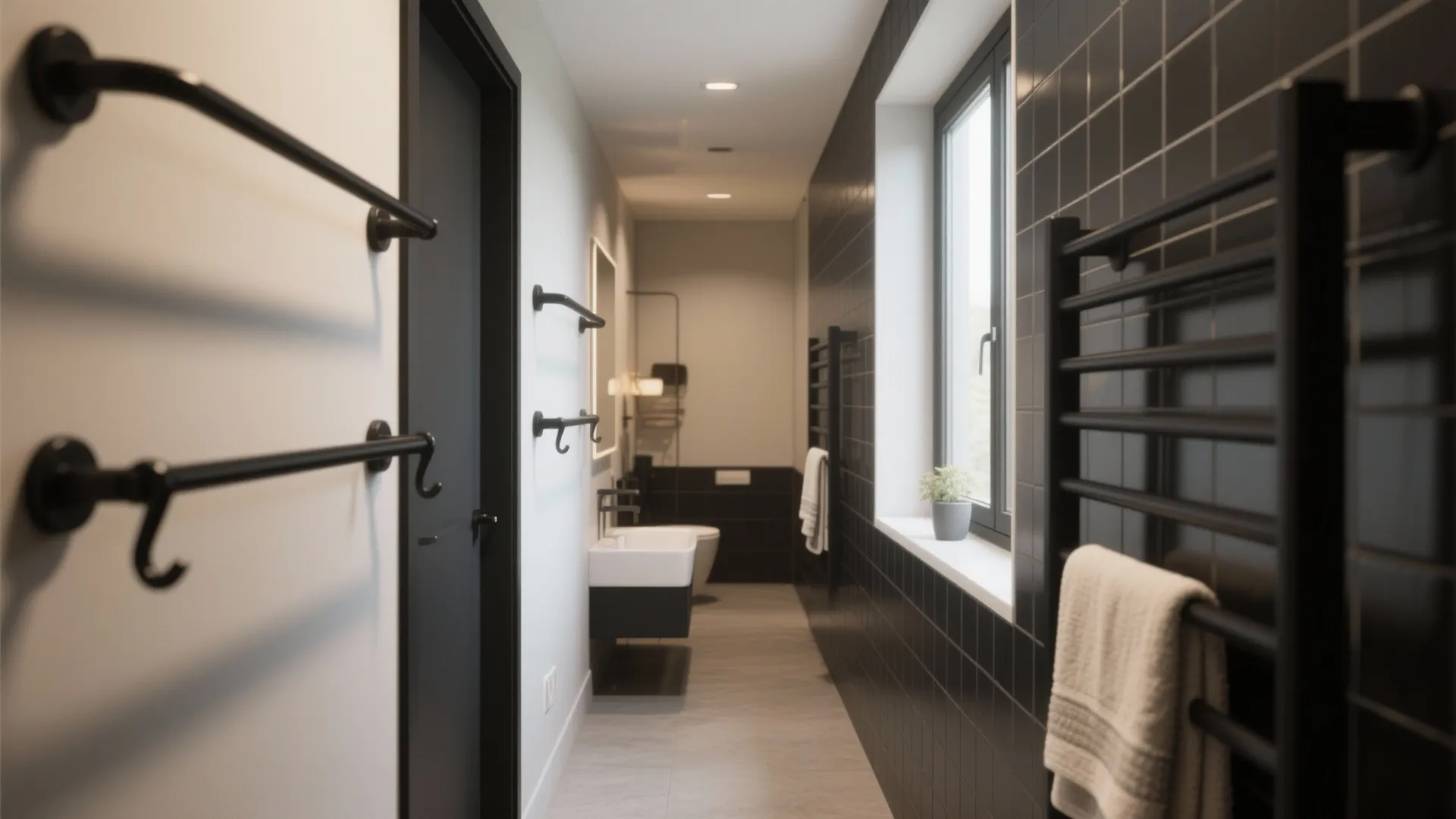 Compact bathroom corridor with matt black towel rails and hooks creating consistent visual lines.