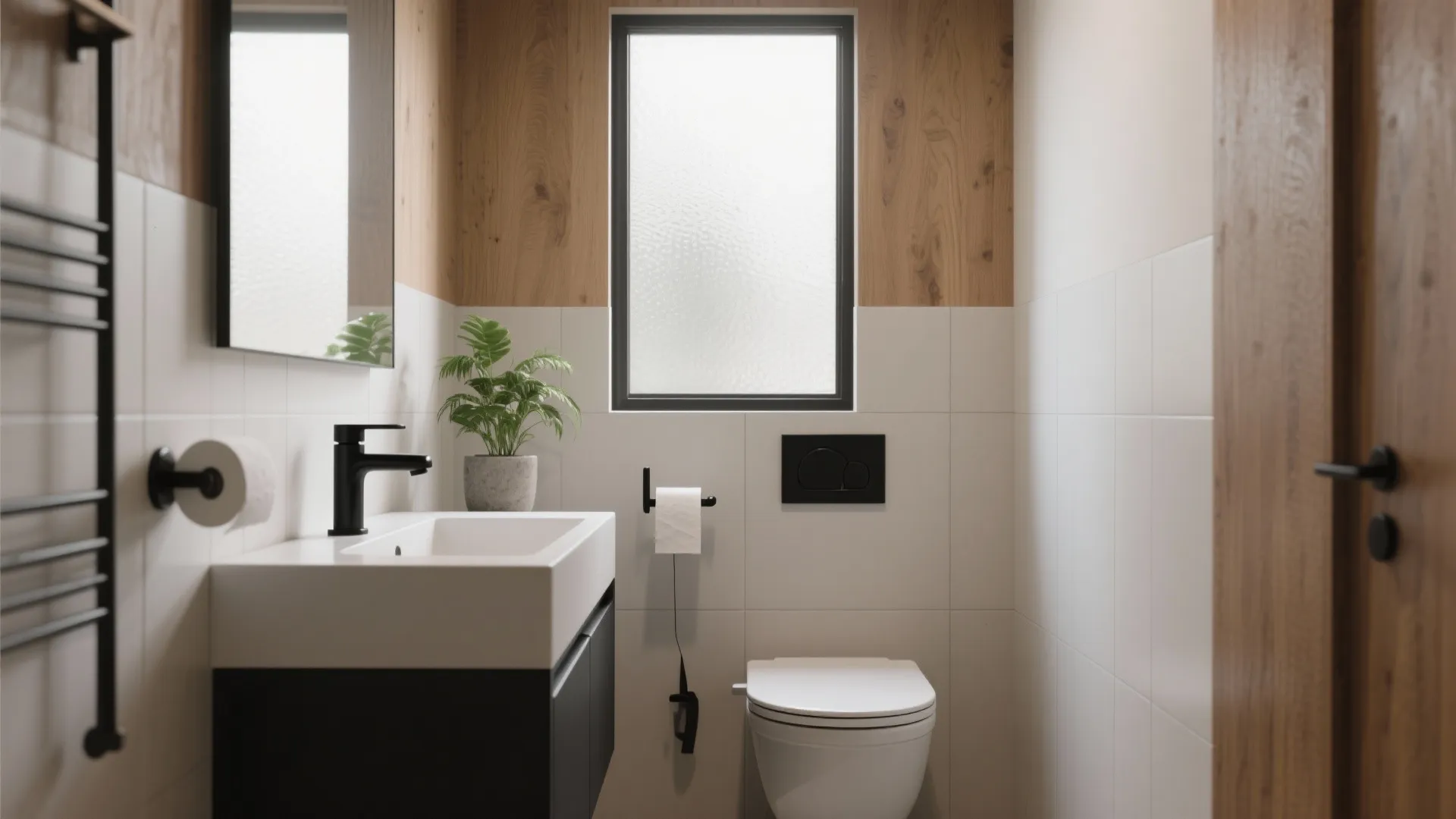 Modern bathroom featuring white toilet sink black faucet green plant wood wall panels and window