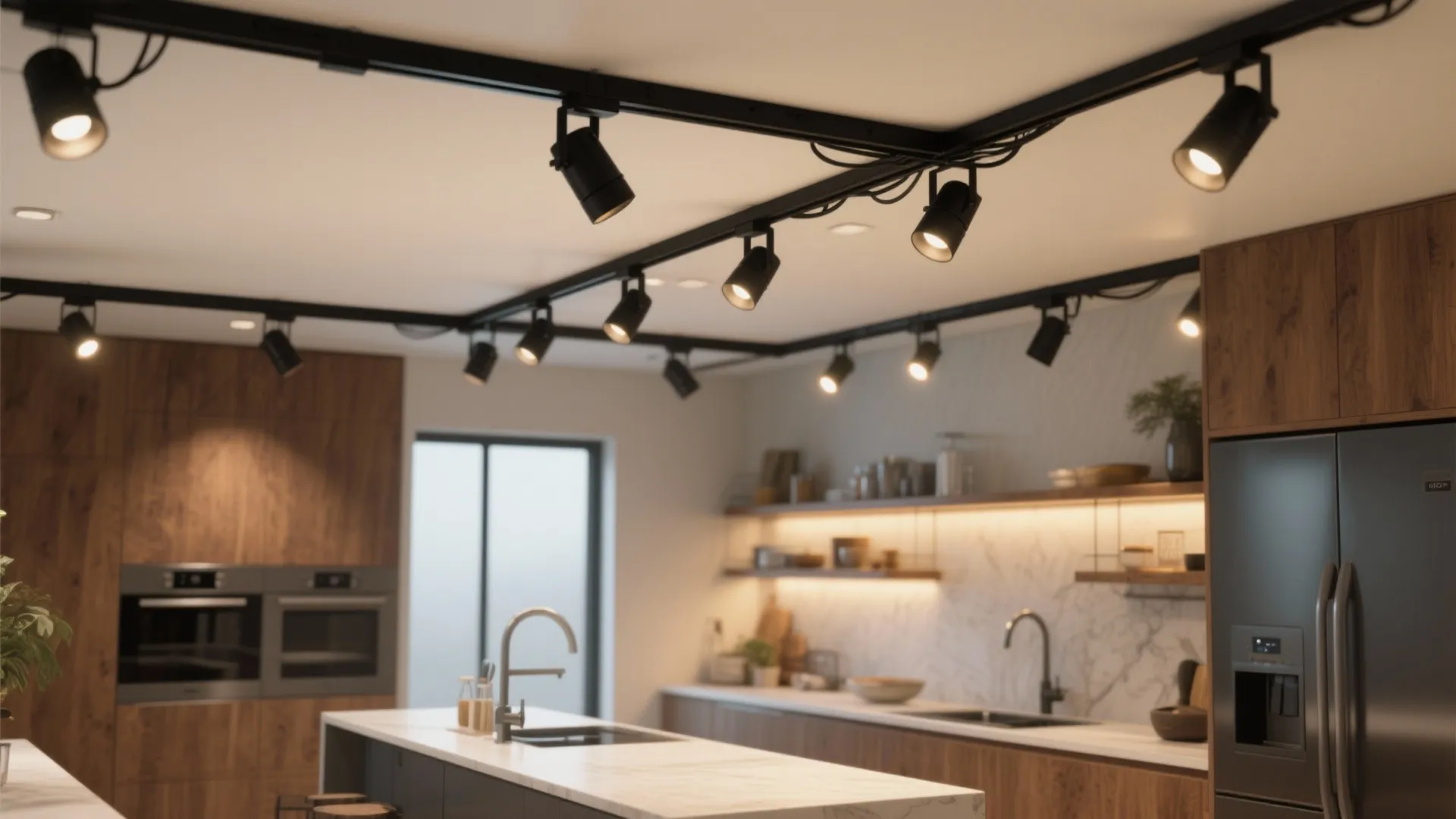 Modern kitchen with black track lighting and wood cabinets plus white marble island and sink