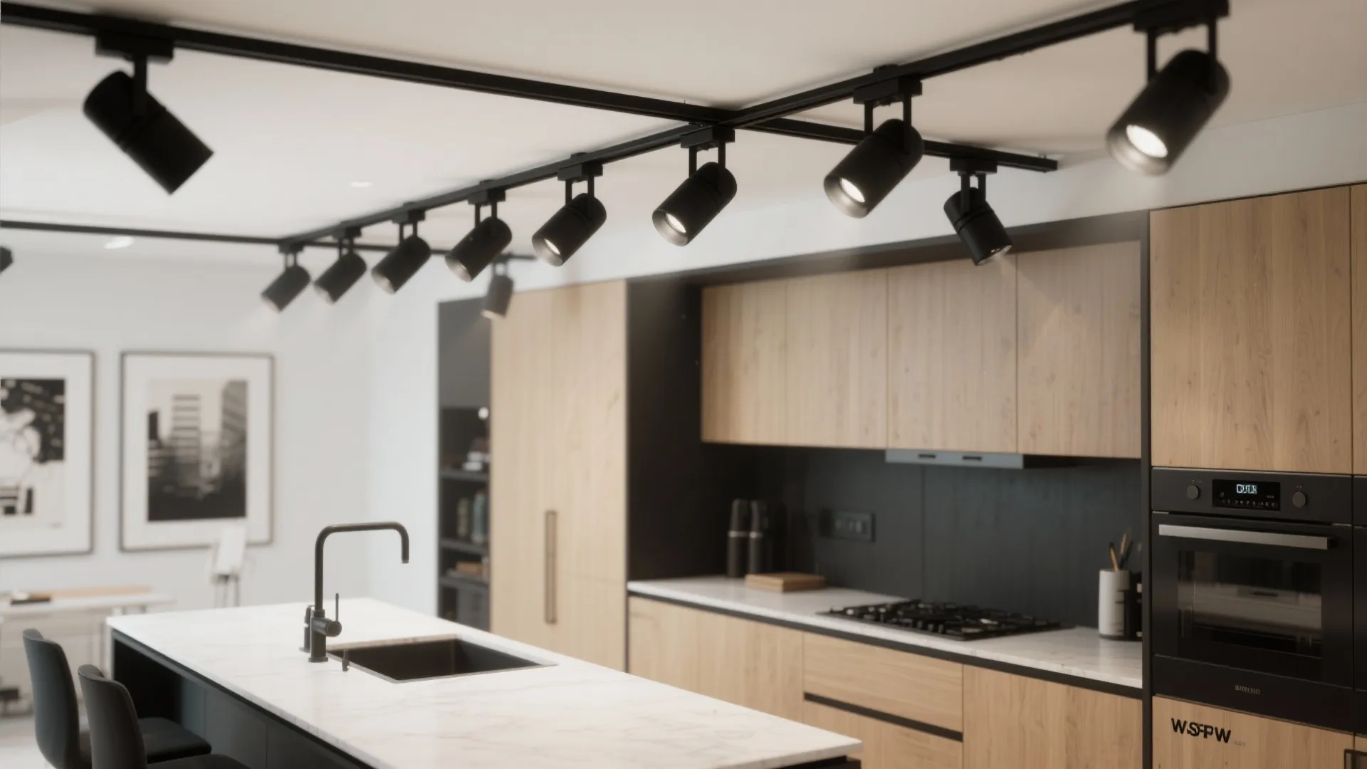 Compact kitchen with a black track lighting system aimed at workstations and artwork for flexible tasking.
