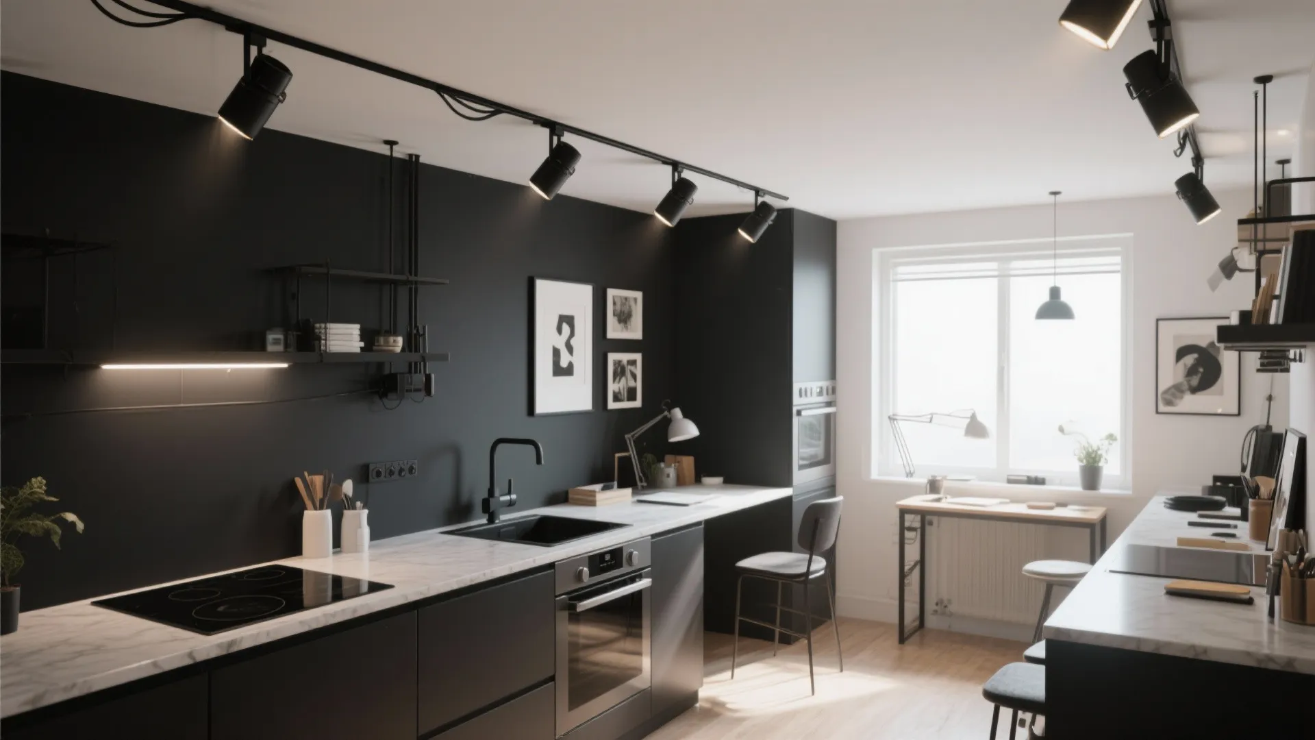 2. Black track lighting to sculpt the space