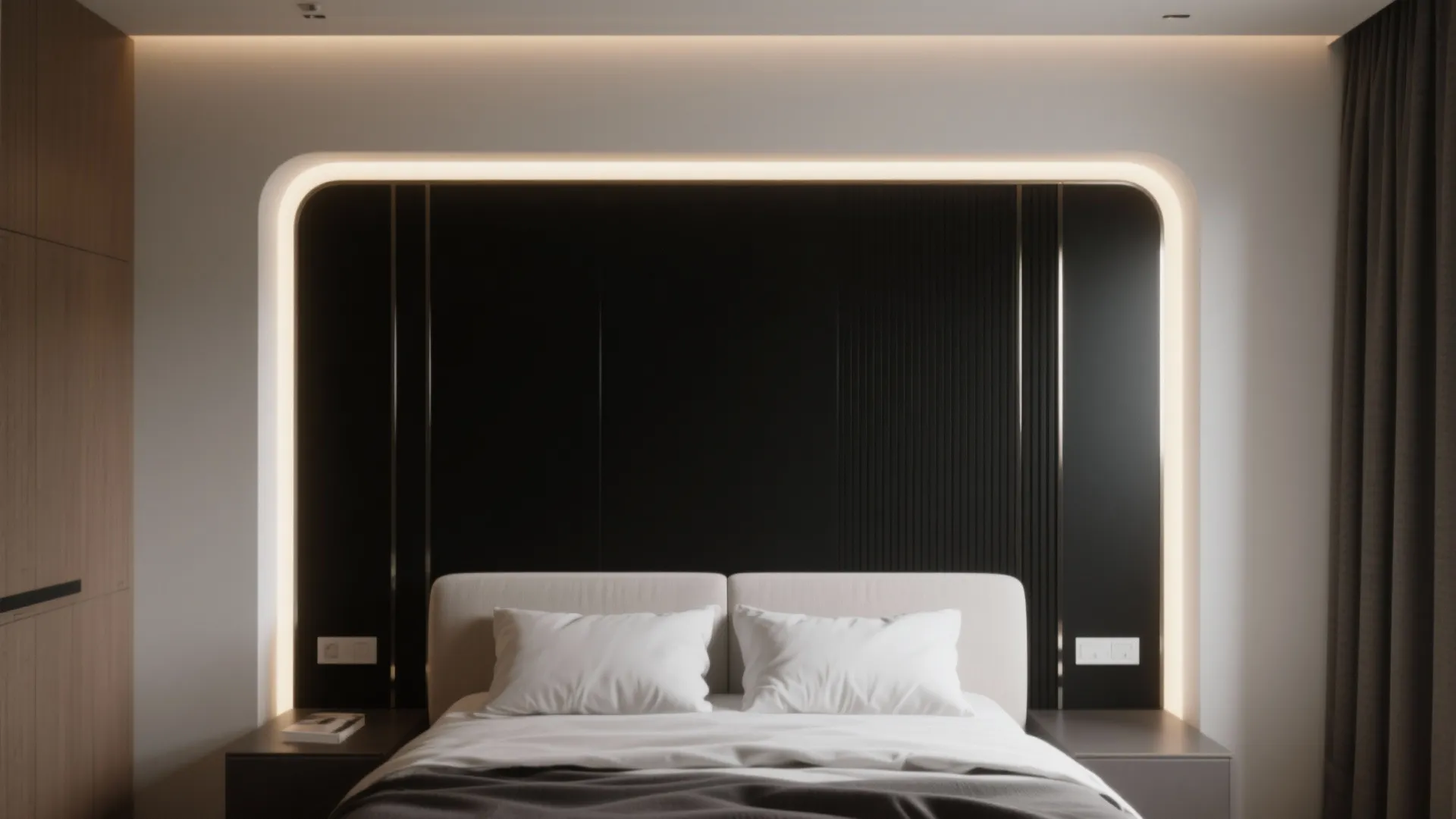 Interior with a black accent wall framed by white and metallic trim behind a bed, showing crisp edges and contrast.