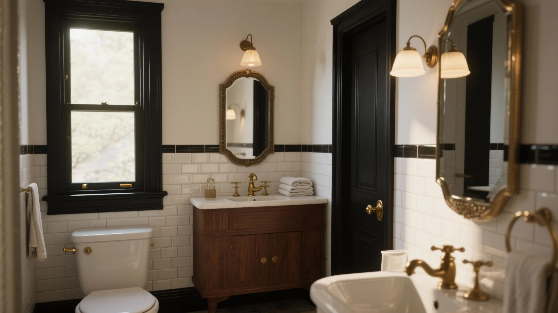 Vintage bathroom with wooden cabinet gold mirrors wall lights white toilet and black window trim