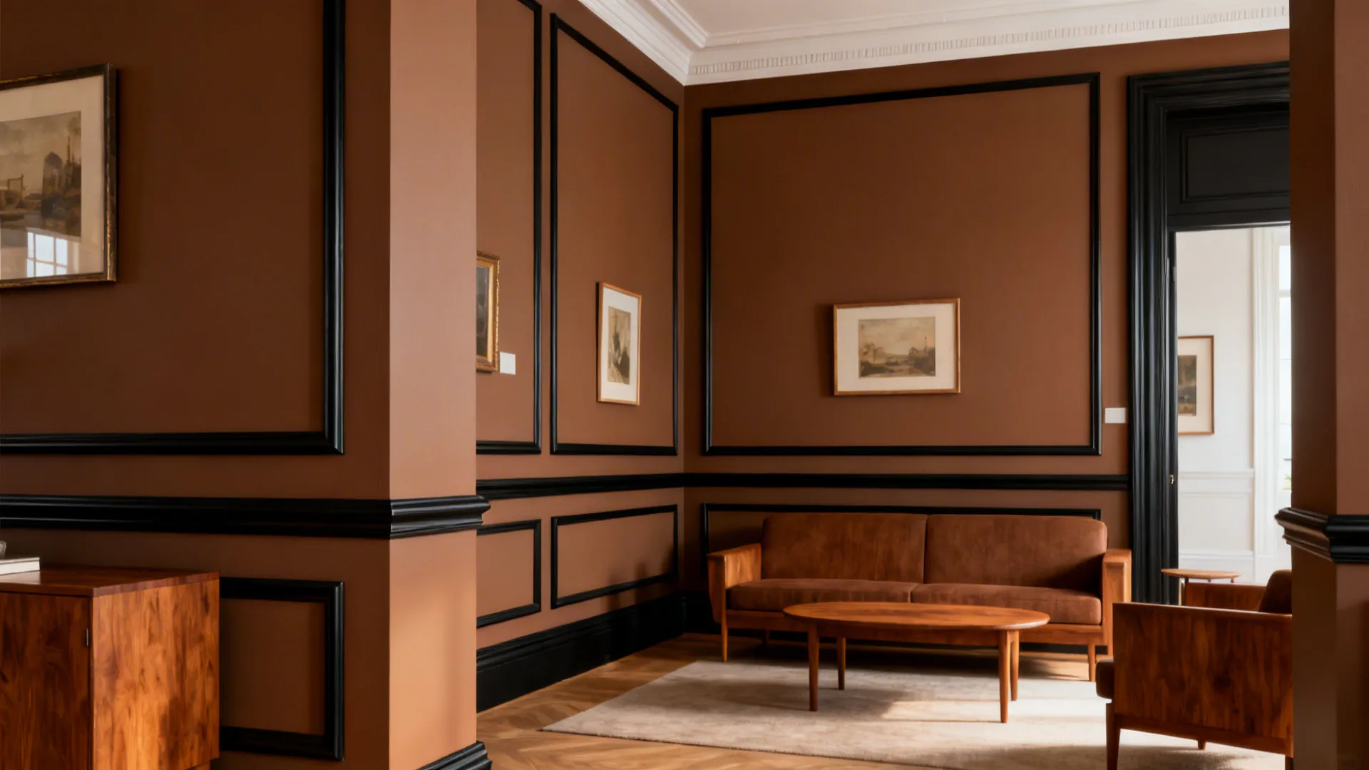 Warm brown walls with black trim and picture rail highlighting architectural detail.