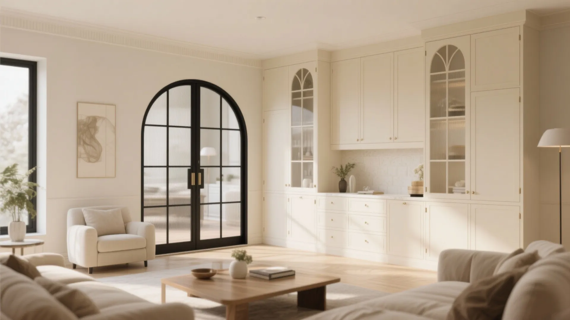 Cream built-in cabinetry with black trim and glass doors
