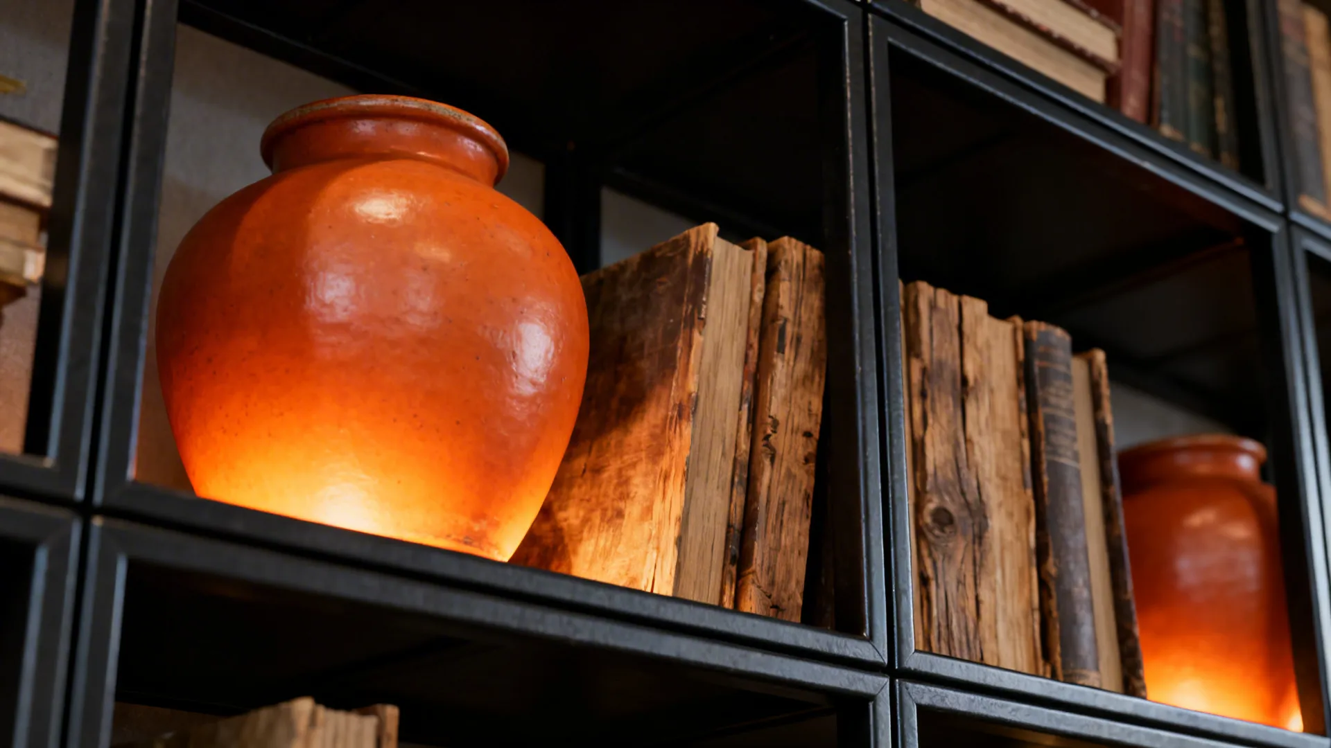 Black metal shelving showcasing ochre ceramics and reclaimed wood books with warm accent light.