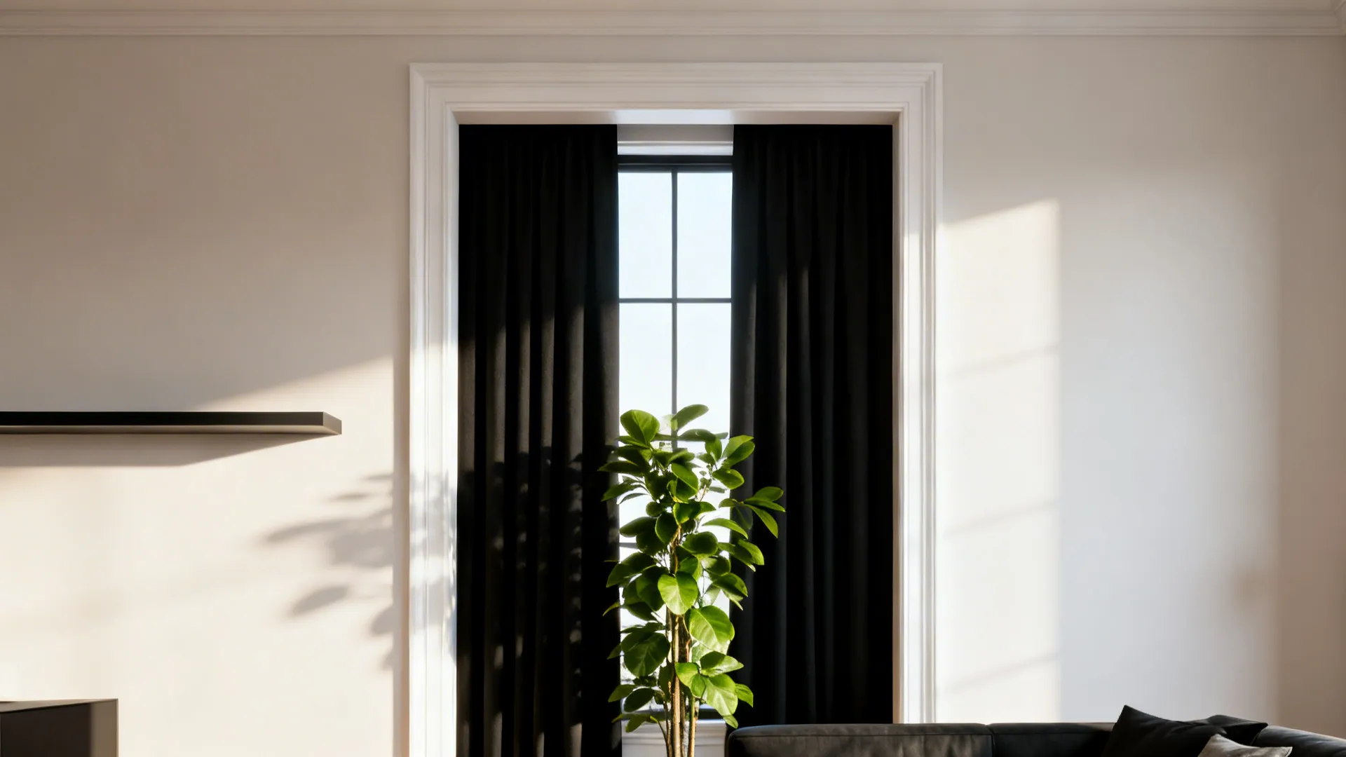 Black curtains framed by white trim with a tall plant and slim shelf in a modern living room