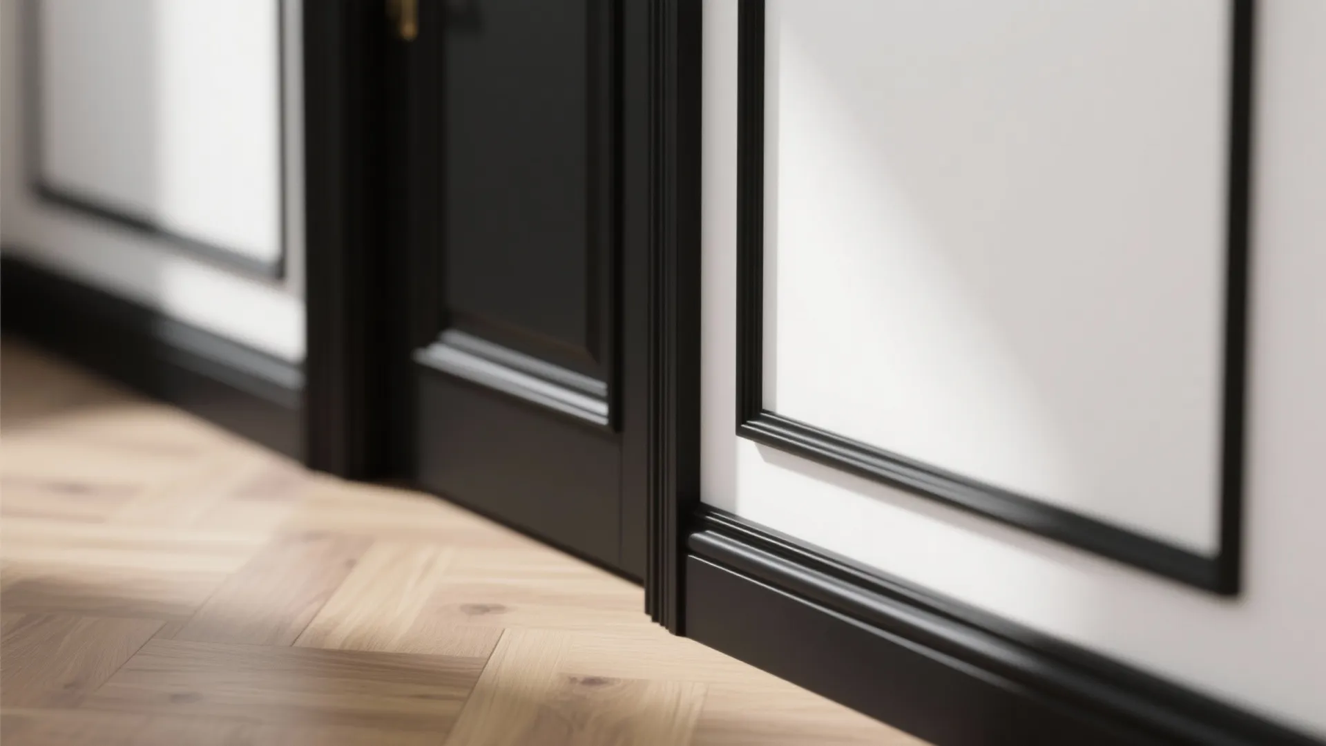Close up of black wall panel detail on white wall with light wood floor pattern