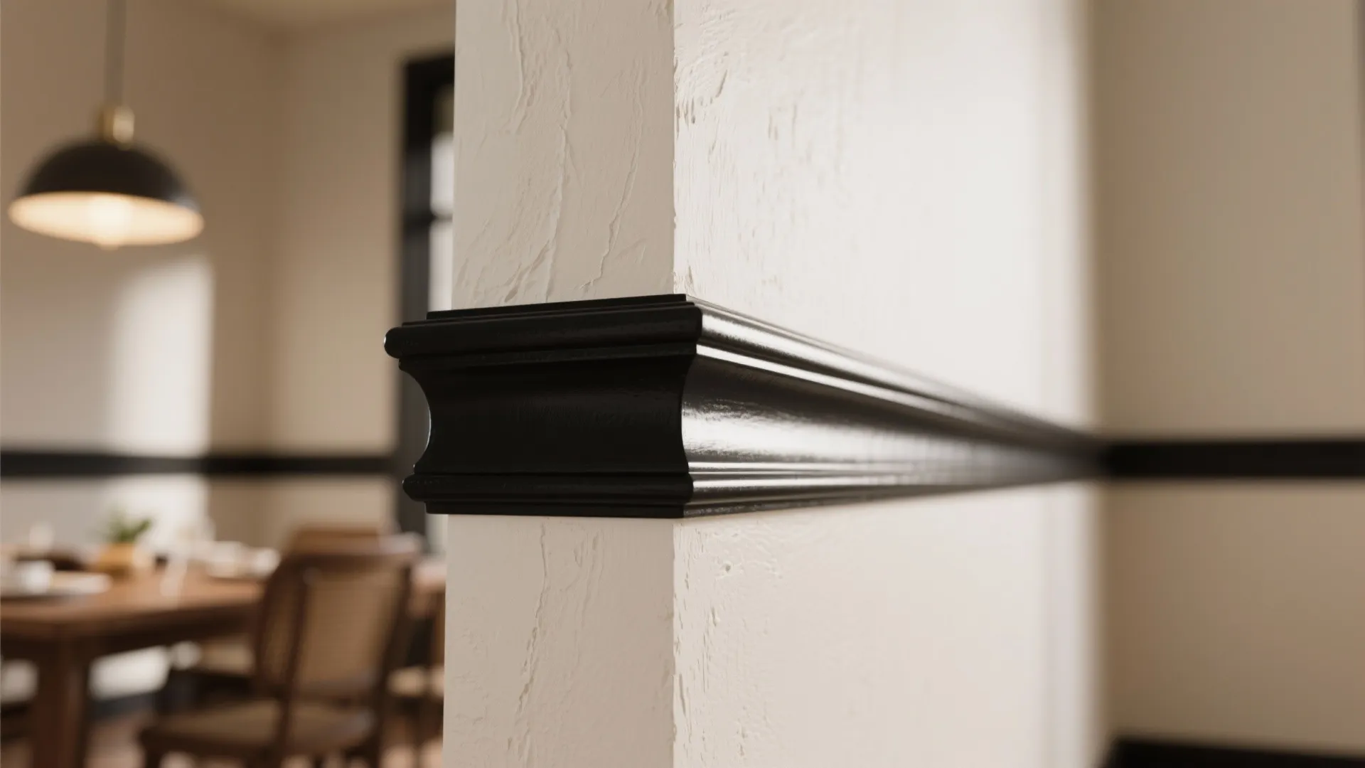 Close up of black wall panel detail on white textured wall in a modern room