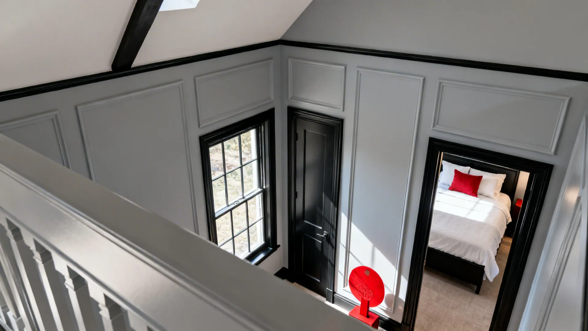 Grey bedroom with crisp black trim and a red lamp accent