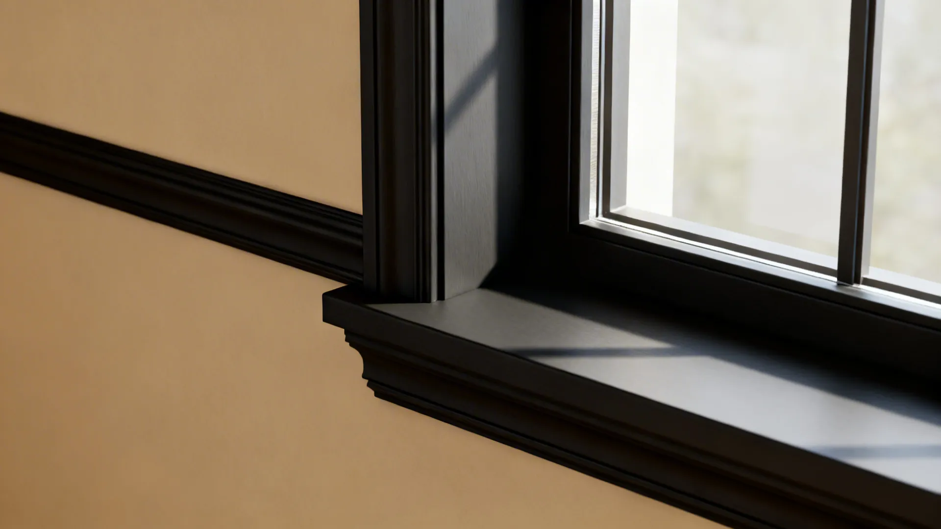 Close-up of thin black trim and minimalist molding on a warm beige wall beside a window.