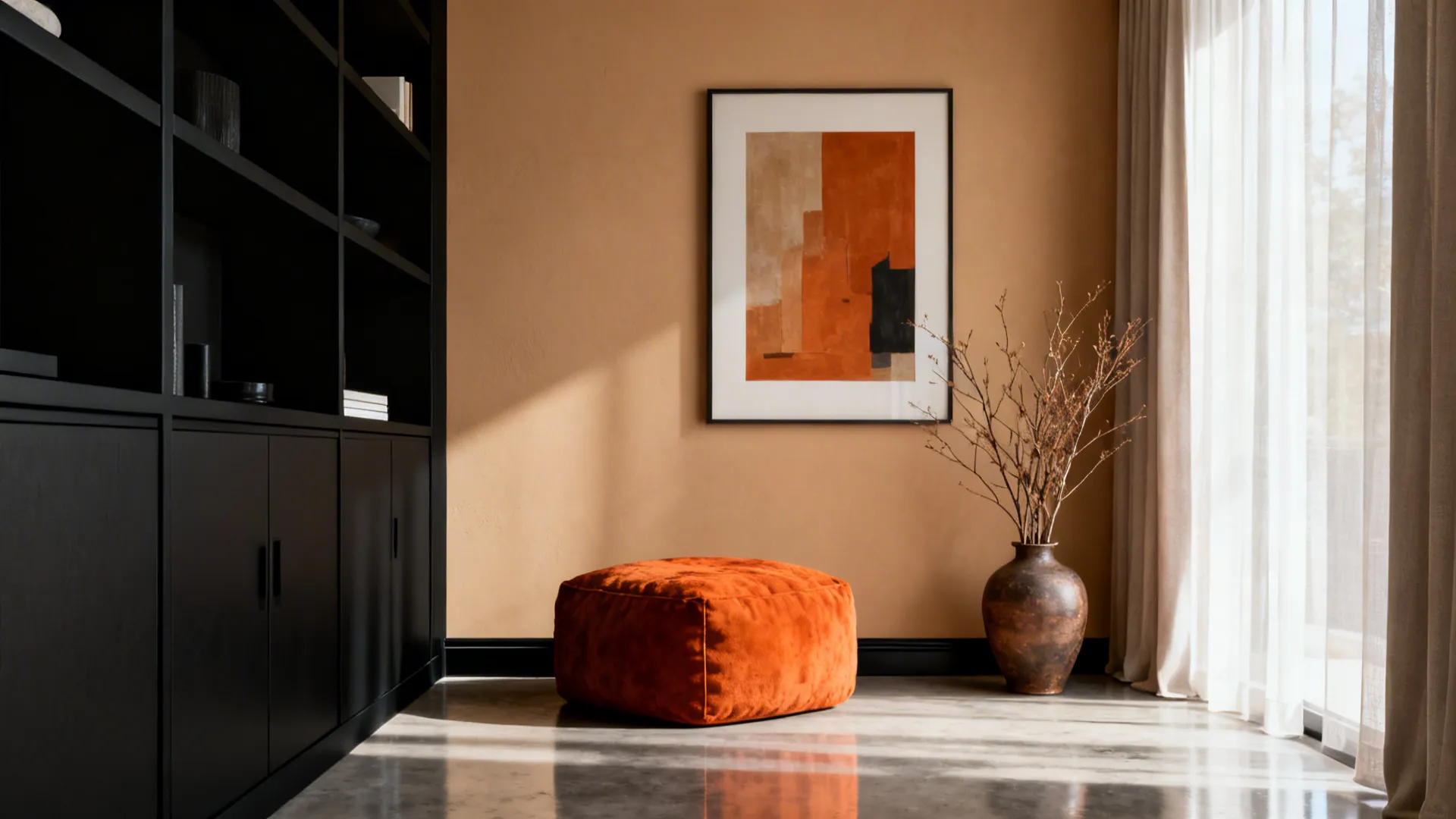 Minimal living room with black trim and curated burnt orange accents like a pouf and vases