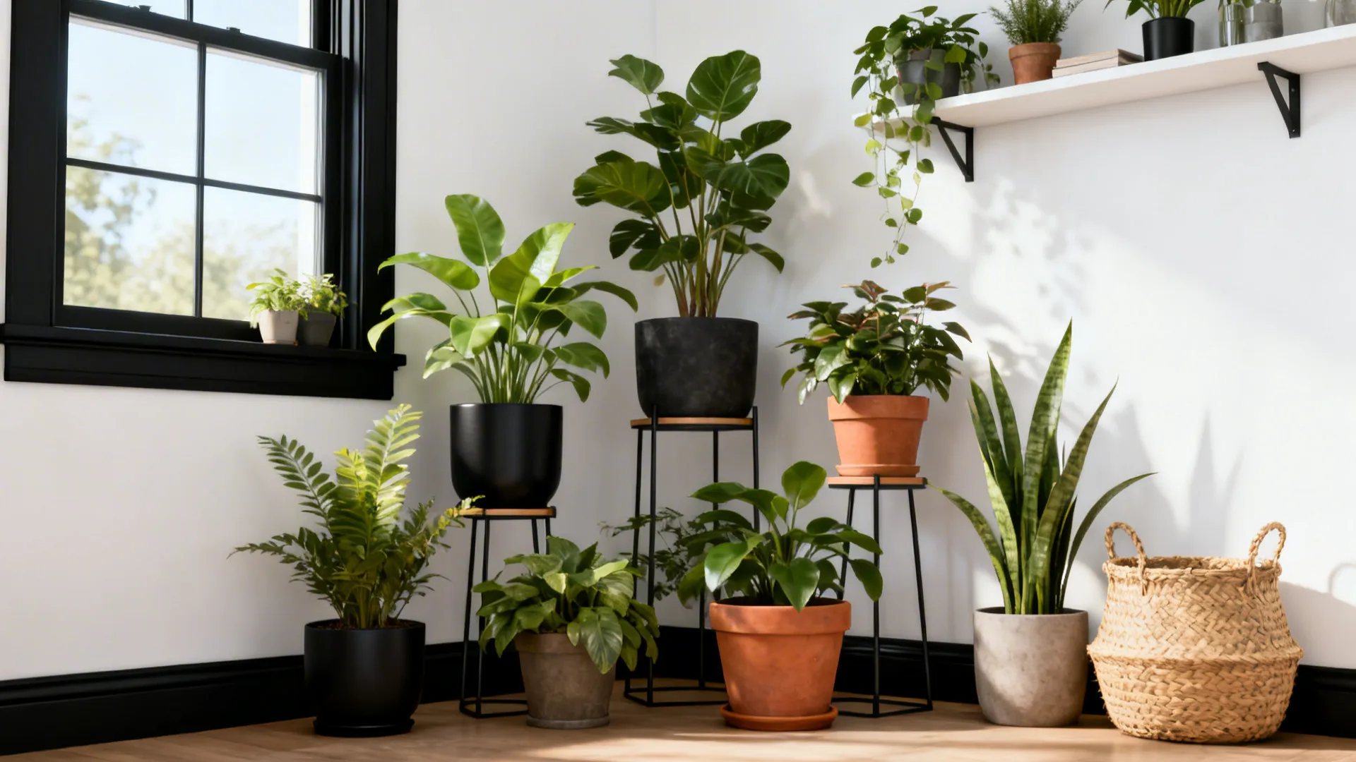 White walls with black trim and clustered potted plants at different heights in woven and ceramic pots