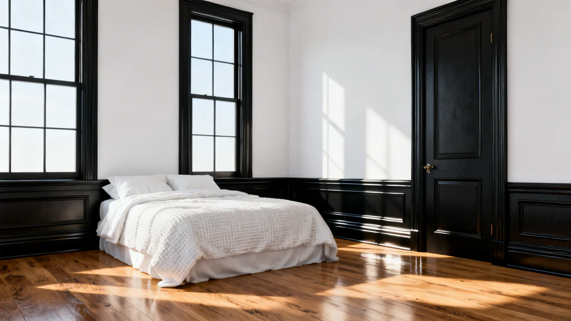 Bedroom with white bed black window frames black wall panel black door and polished floor