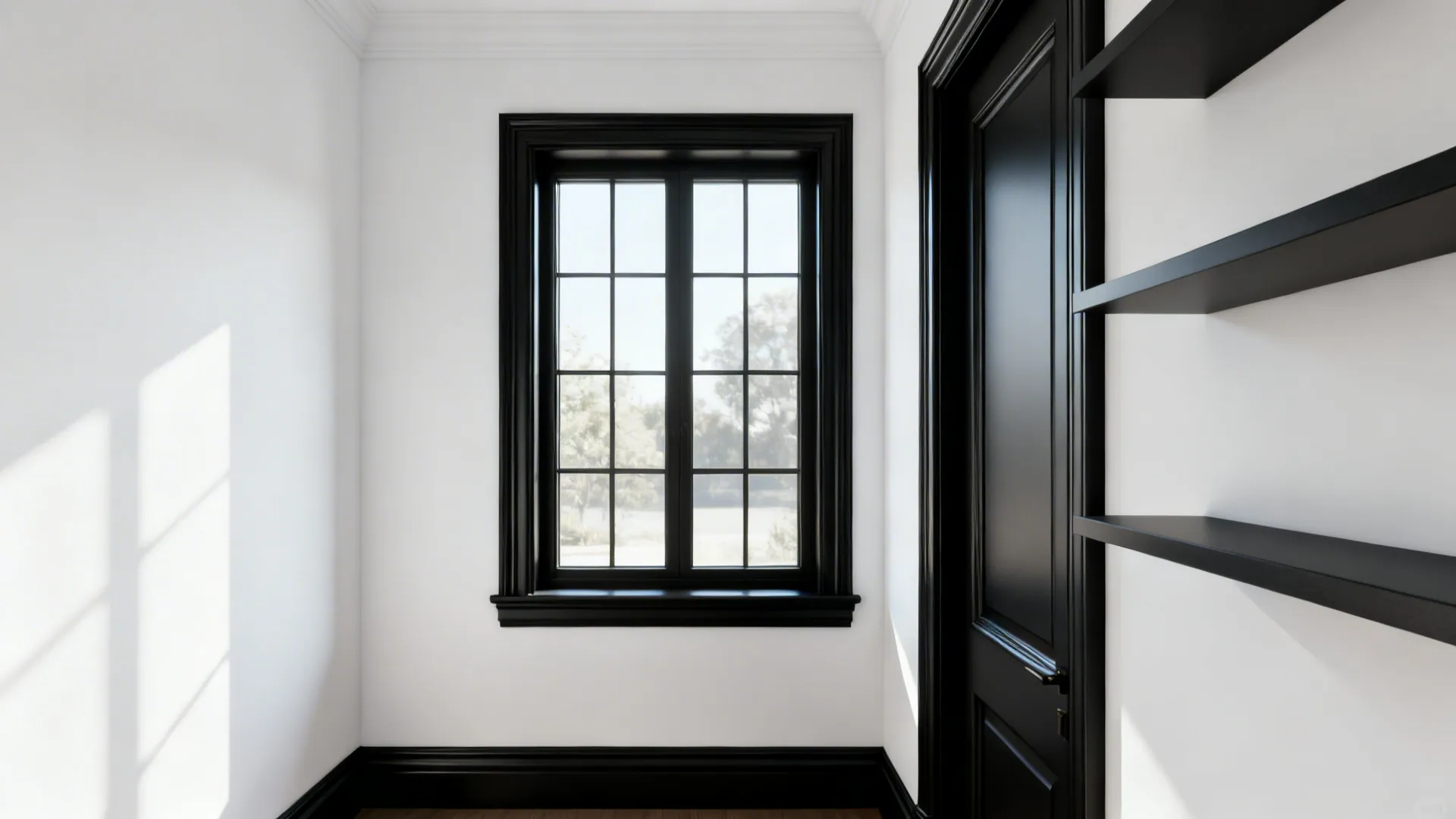 Interior with white walls and classic matte black window frames, door trims and floating shelves.