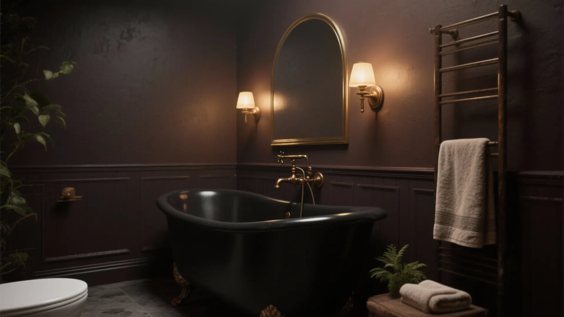Matte black freestanding tub set against chocolate walls with warm brass accents and layered lighting.