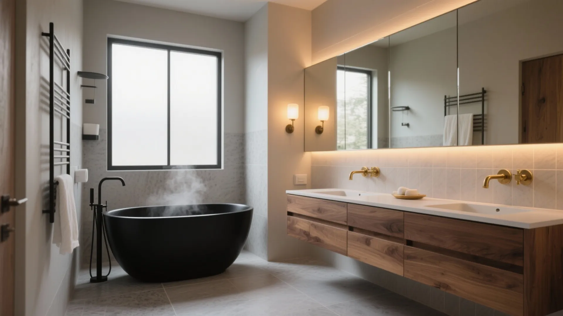 Steaming black bathtub in luxury bathroom with wooden cabinet double sinks large mirrors and wall lights