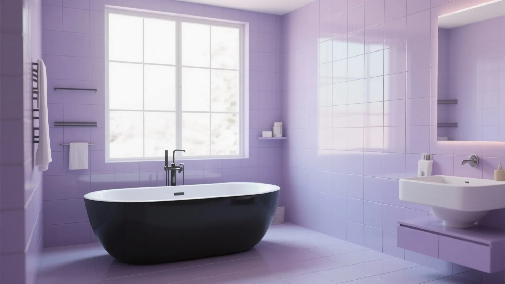 Light purple tiled bathroom with black bathtub white sink mirror large window and towel rack