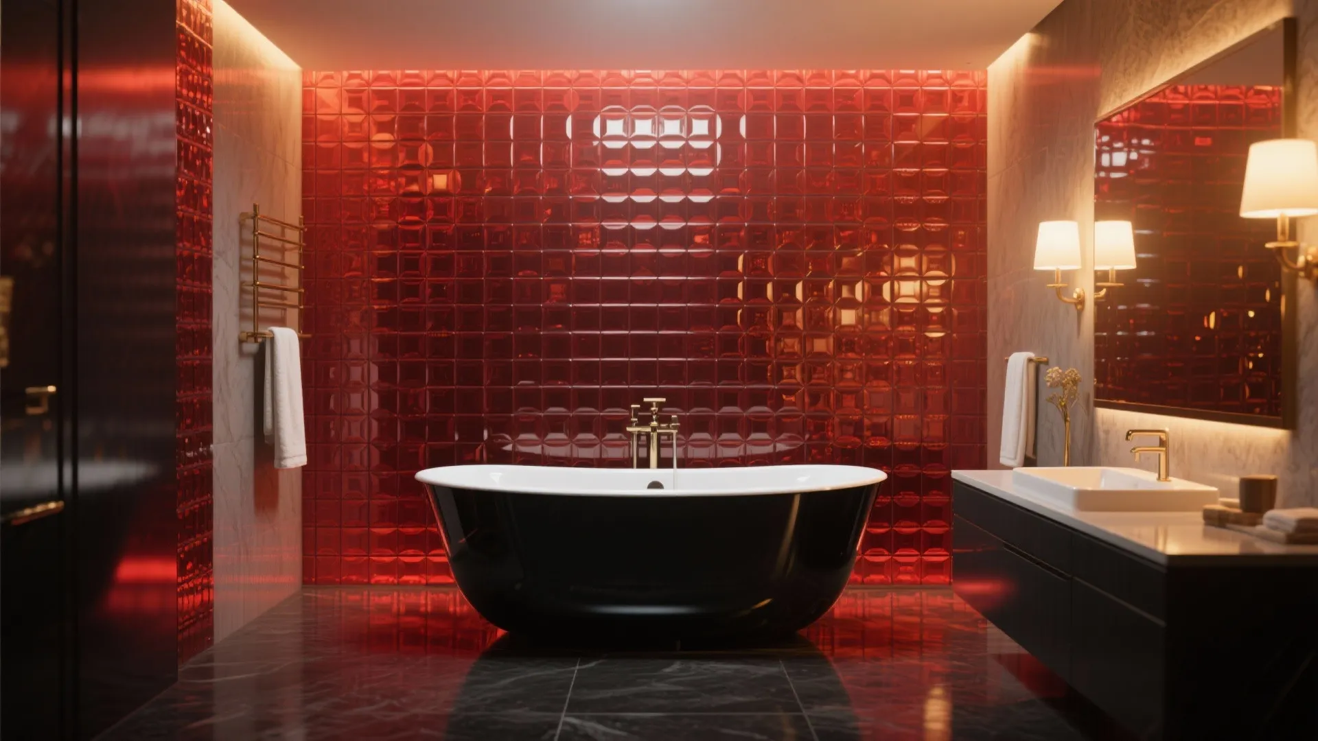 Luxury bathroom with black bathtub set against a vibrant red mosaic tile wall with lighting