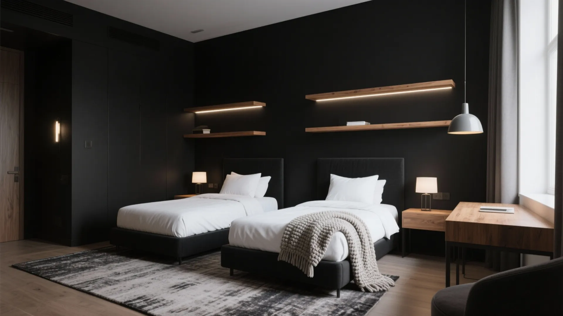 Dark twin bedroom featuring two beds wooden shelves with lights study desk and grey patterned rug