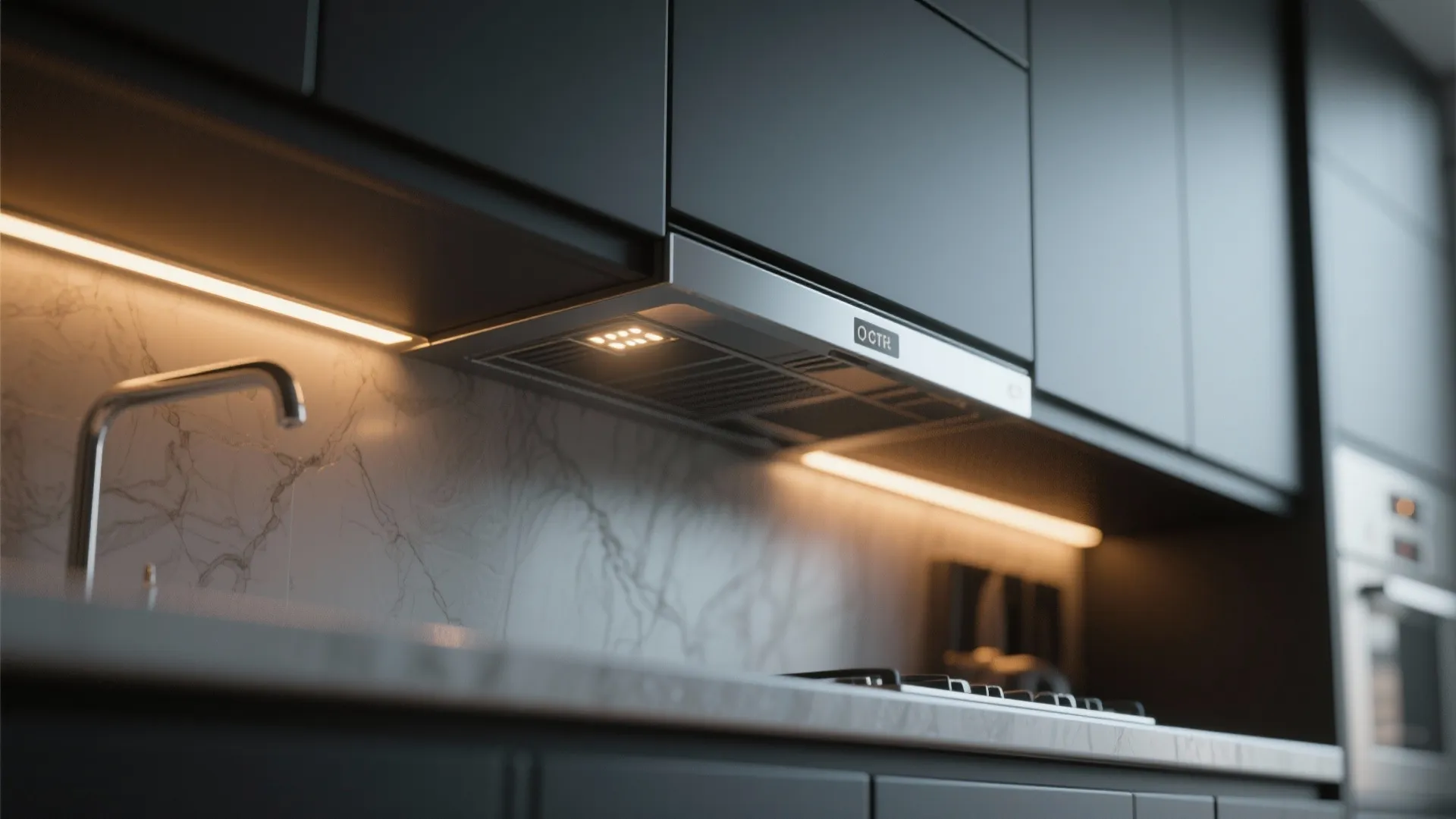 Under-cabinet LED lighting on black kitchen cabinets