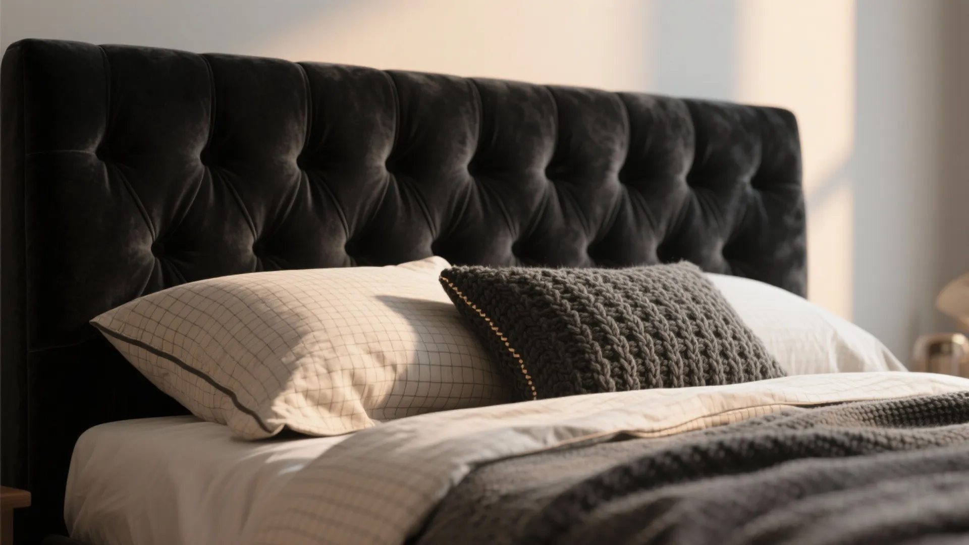 2. Black upholstered headboard with textured linens