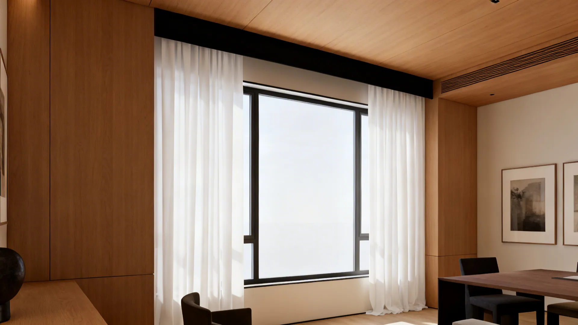 Minimalist slim black valance above white panels framing a window in a small living room