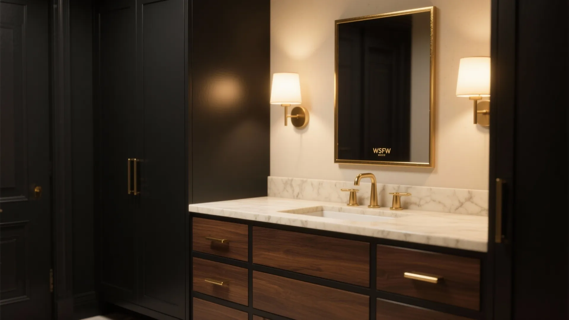 Black Vanity + Warm Wood and Brass Accents