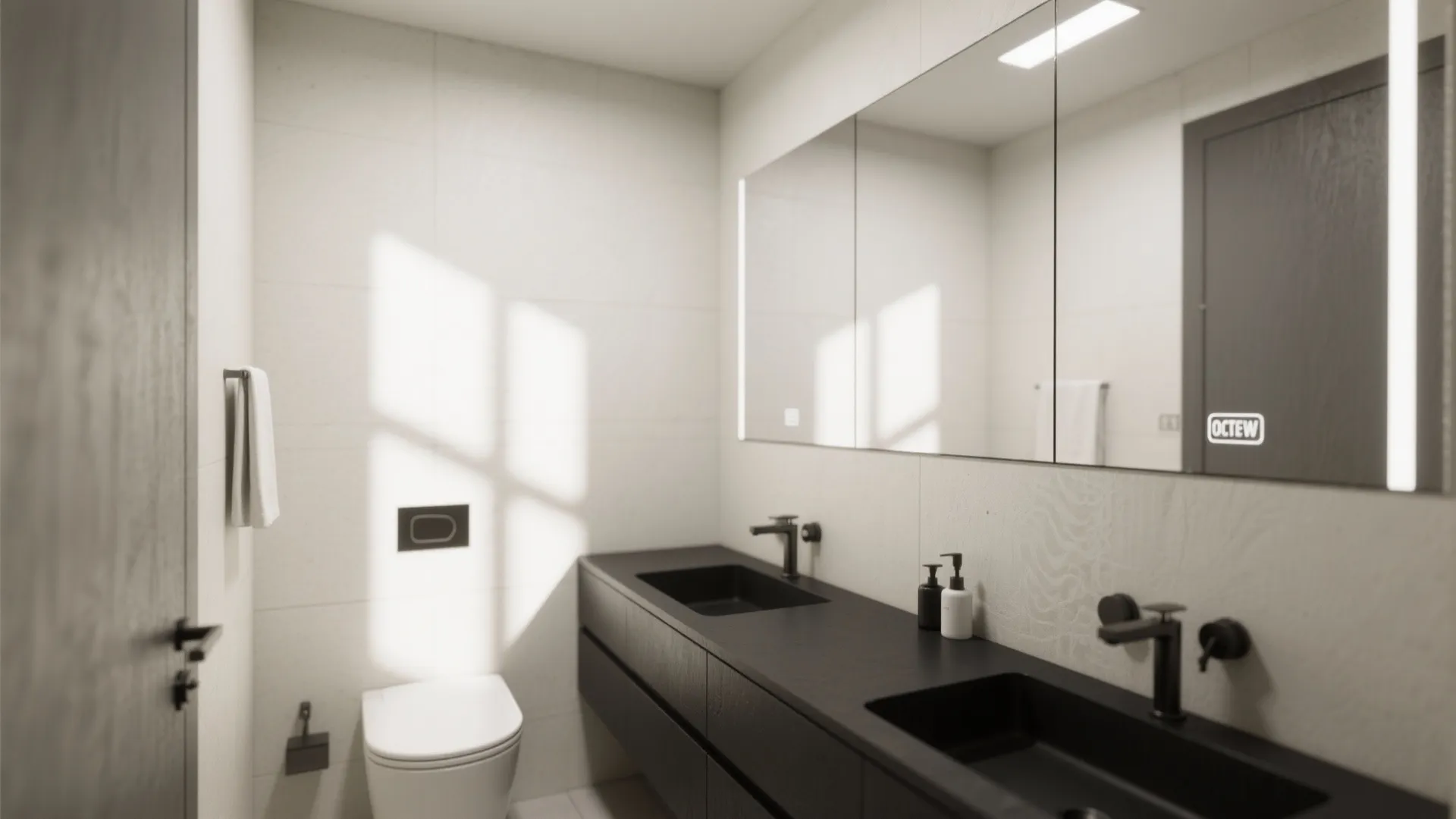 Modern bathroom with double black sinks large wall mirror white toilet and soft natural sunlight