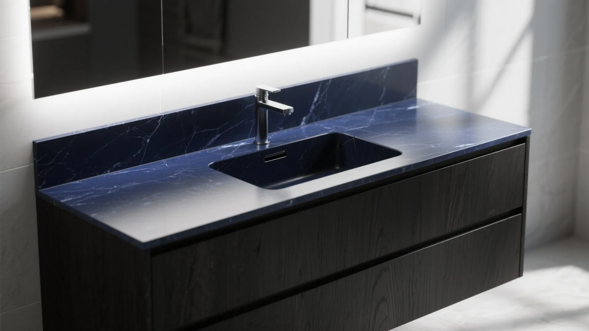 Dark wood bathroom cabinet with a blue marble top and silver water tap and mirror