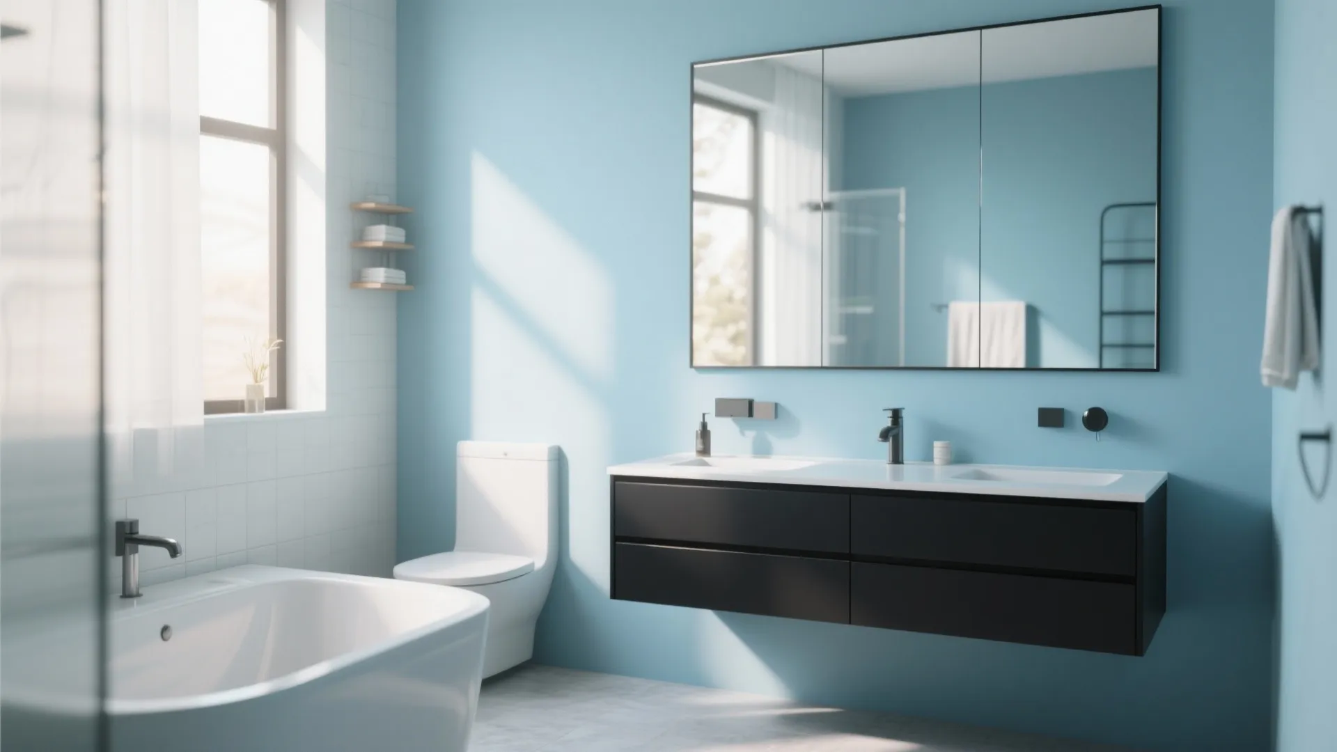 3. Bold Black Vanity with Sky Blue Walls