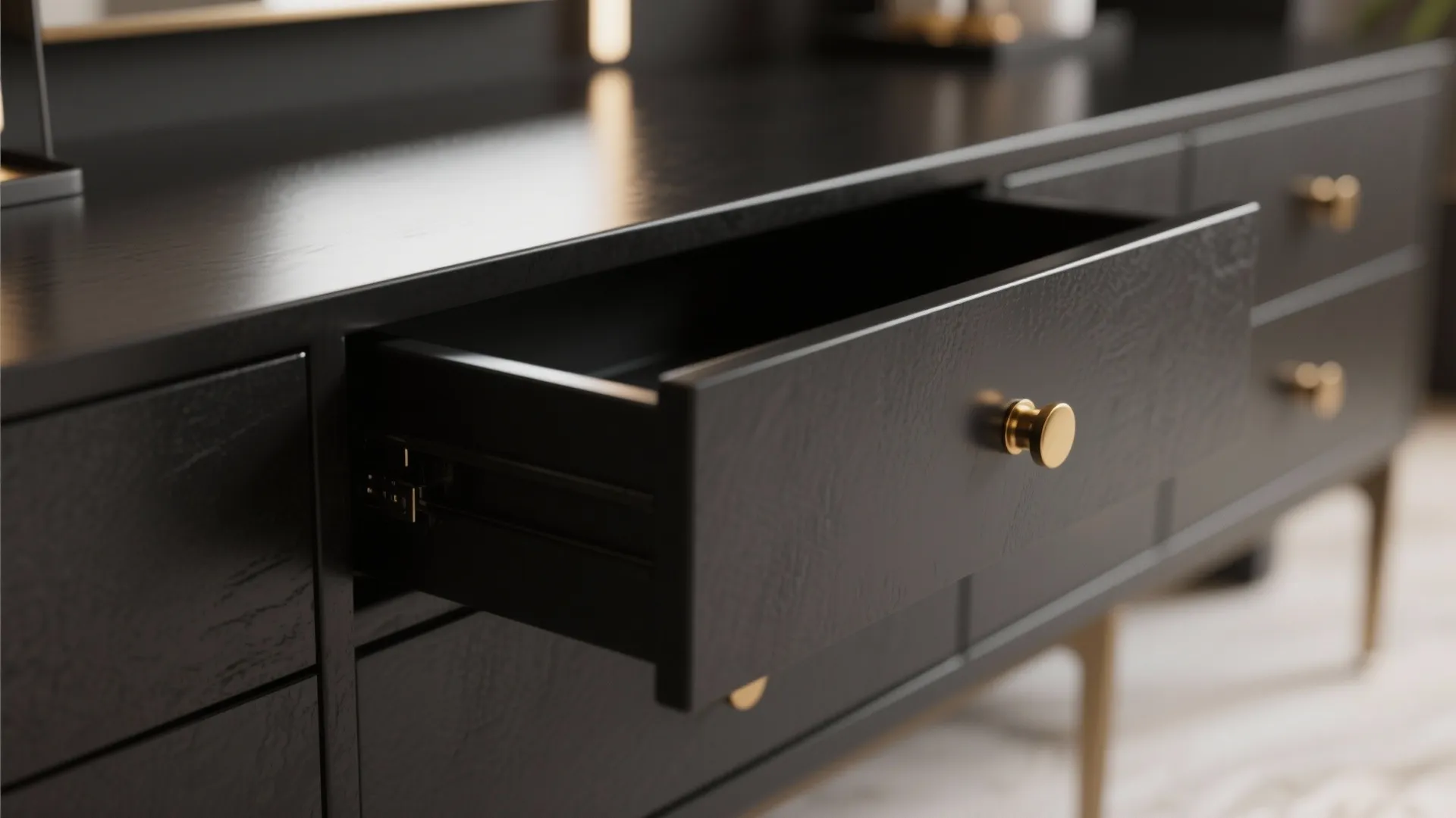 Detail of open black wooden drawer with gold handle on a modern bathroom storage cabinet