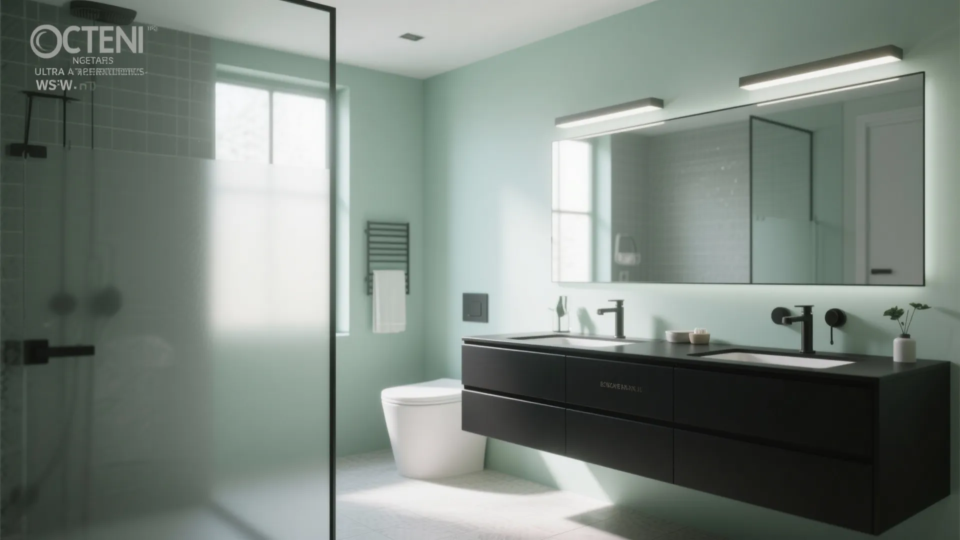 Modern green bathroom featuring black double sink cabinet white toilet large mirror and light fixtures