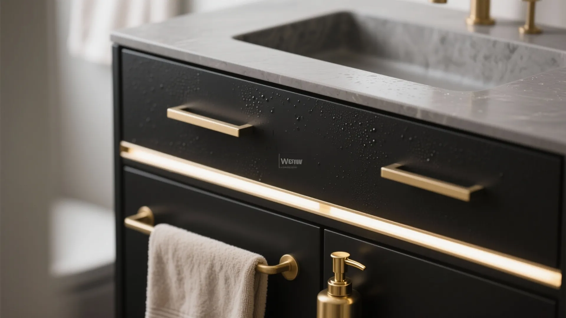 2. Black Vanity, Gold Hardware, and Integrated Lighting
