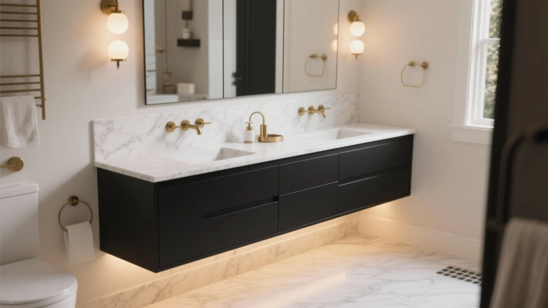 Modern bathroom with black floating cabinet white marble top gold water taps and wall lights