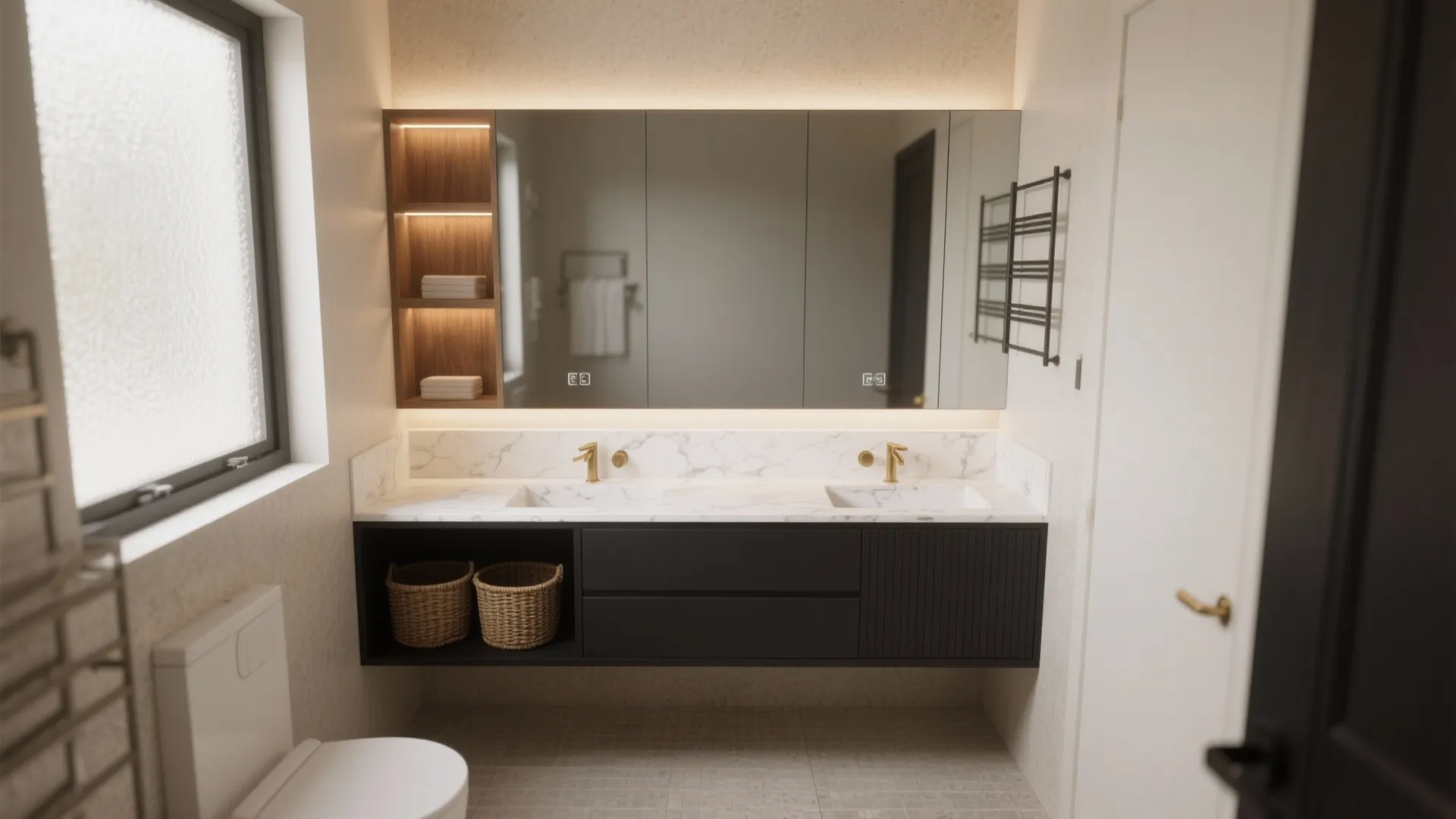 Modern bathroom with double sink cabinet black vanity large mirror wall light and white toilet