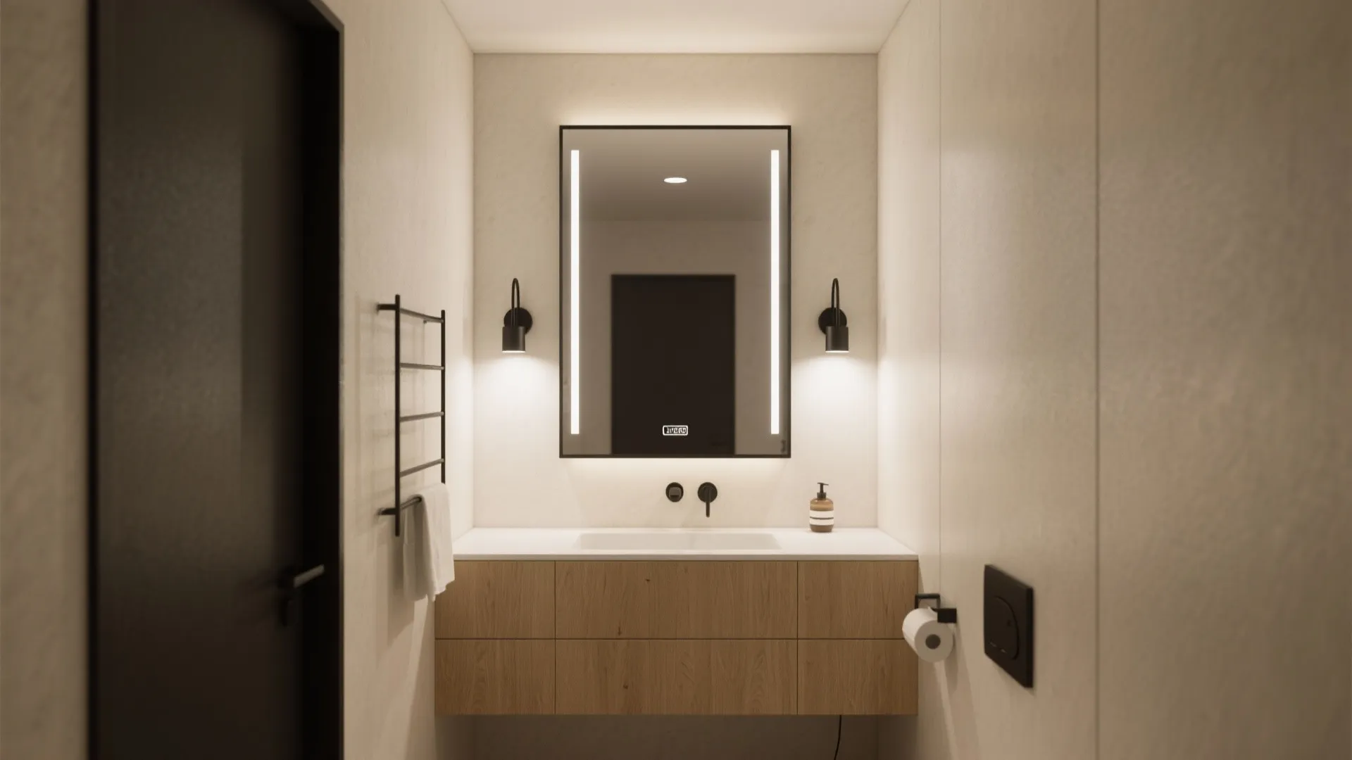 Modern bathroom with wooden cabinet, white sink, large mirror, black wall lights, and neutral walls