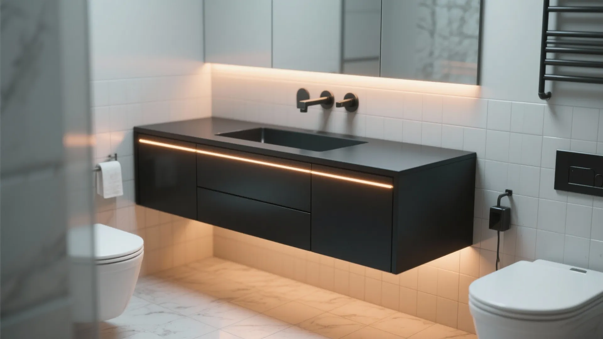 3. Black Vanity with Integrated Lighting