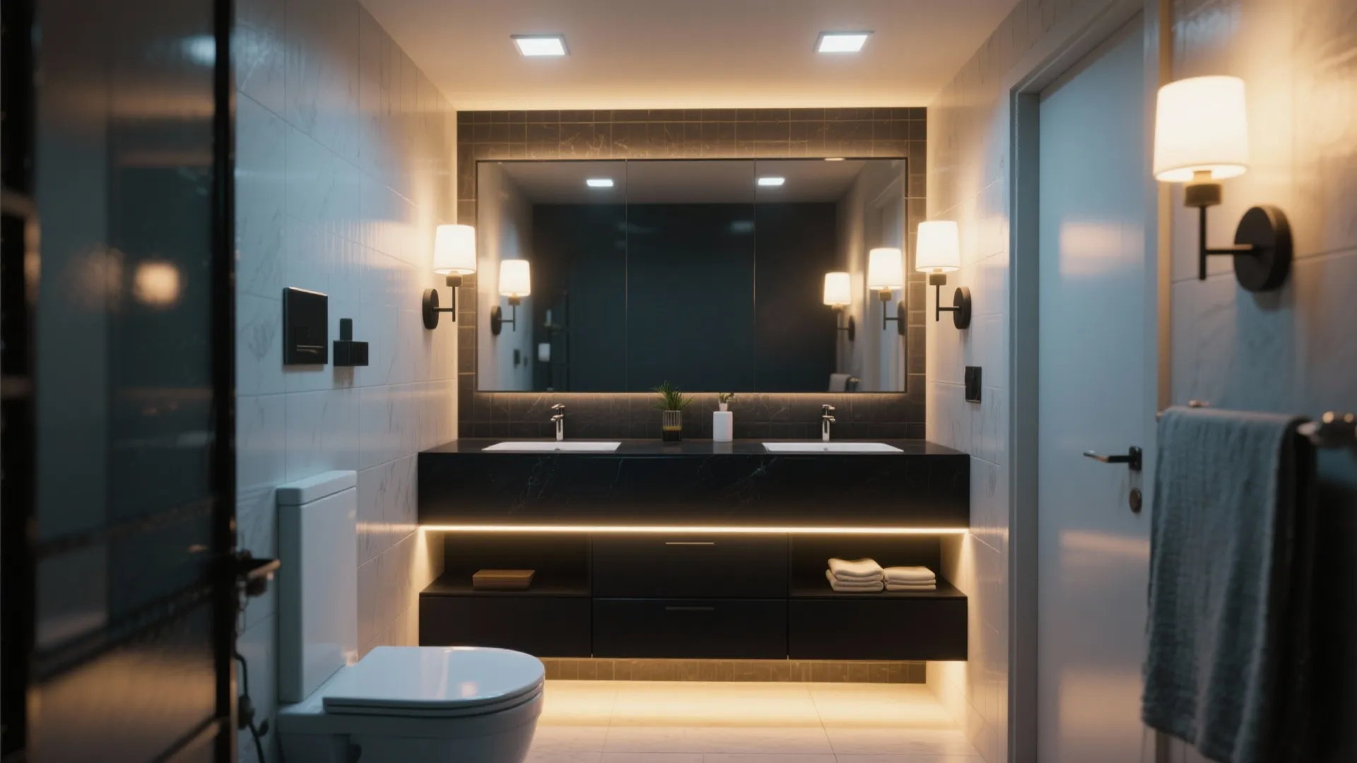 Dark bathroom design with double sink black cabinet and two wall light fixtures beside mirror
