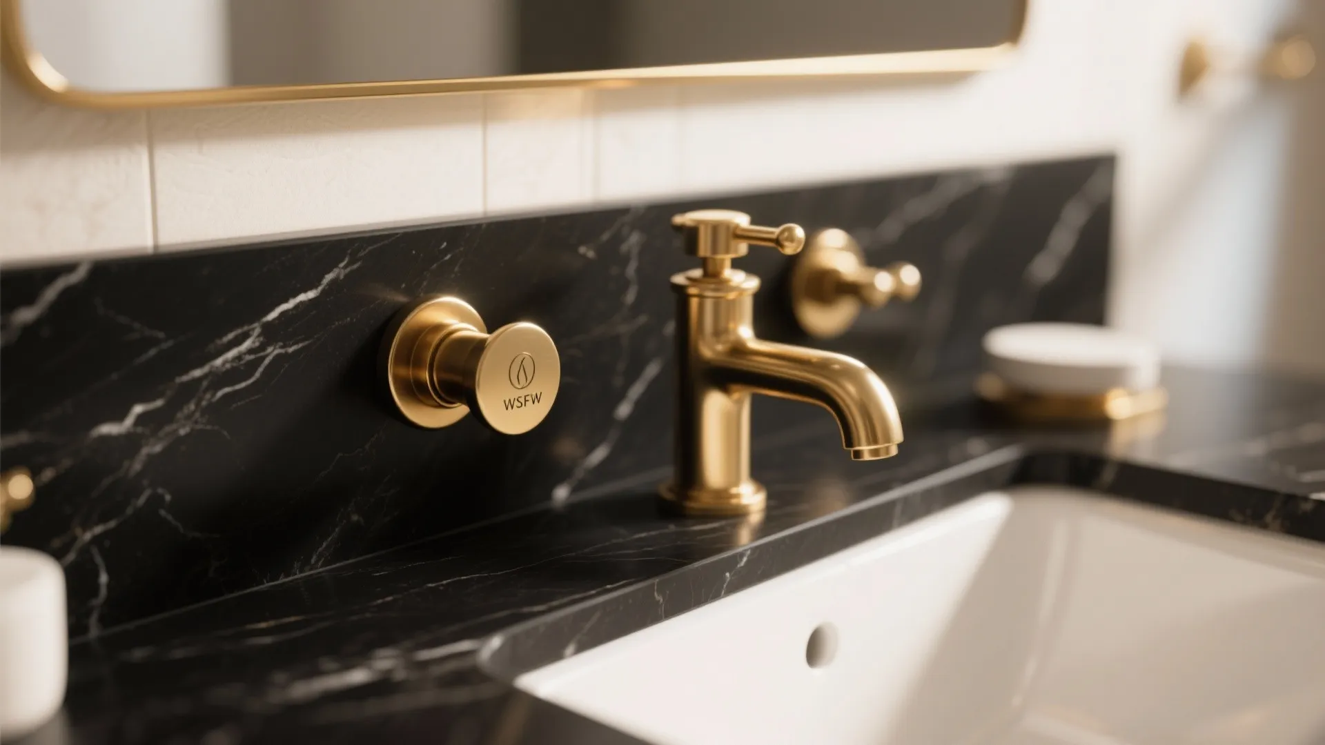 Close up of gold water tap on black marble bathroom counter with white sink basin
