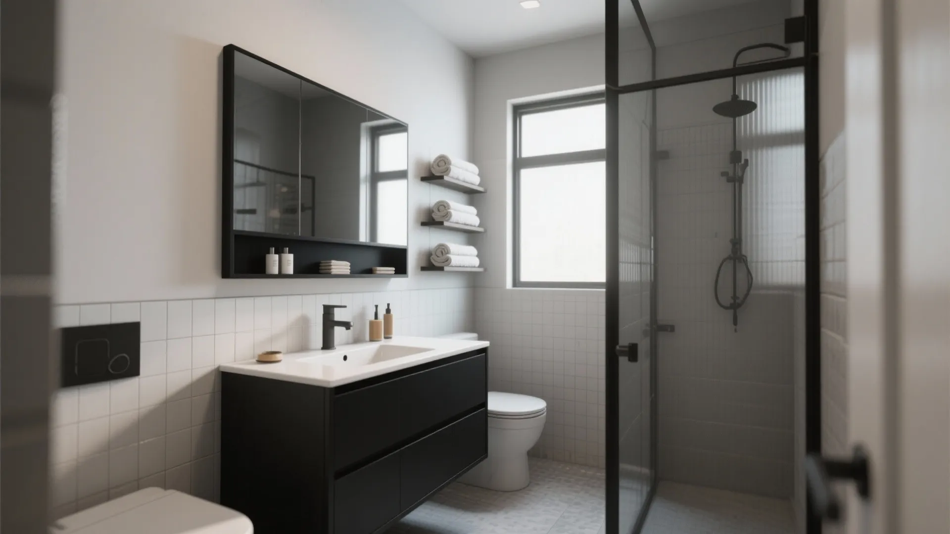 Modern bathroom featuring black cabinet sink with open shelf storage under large mirror and glass shower