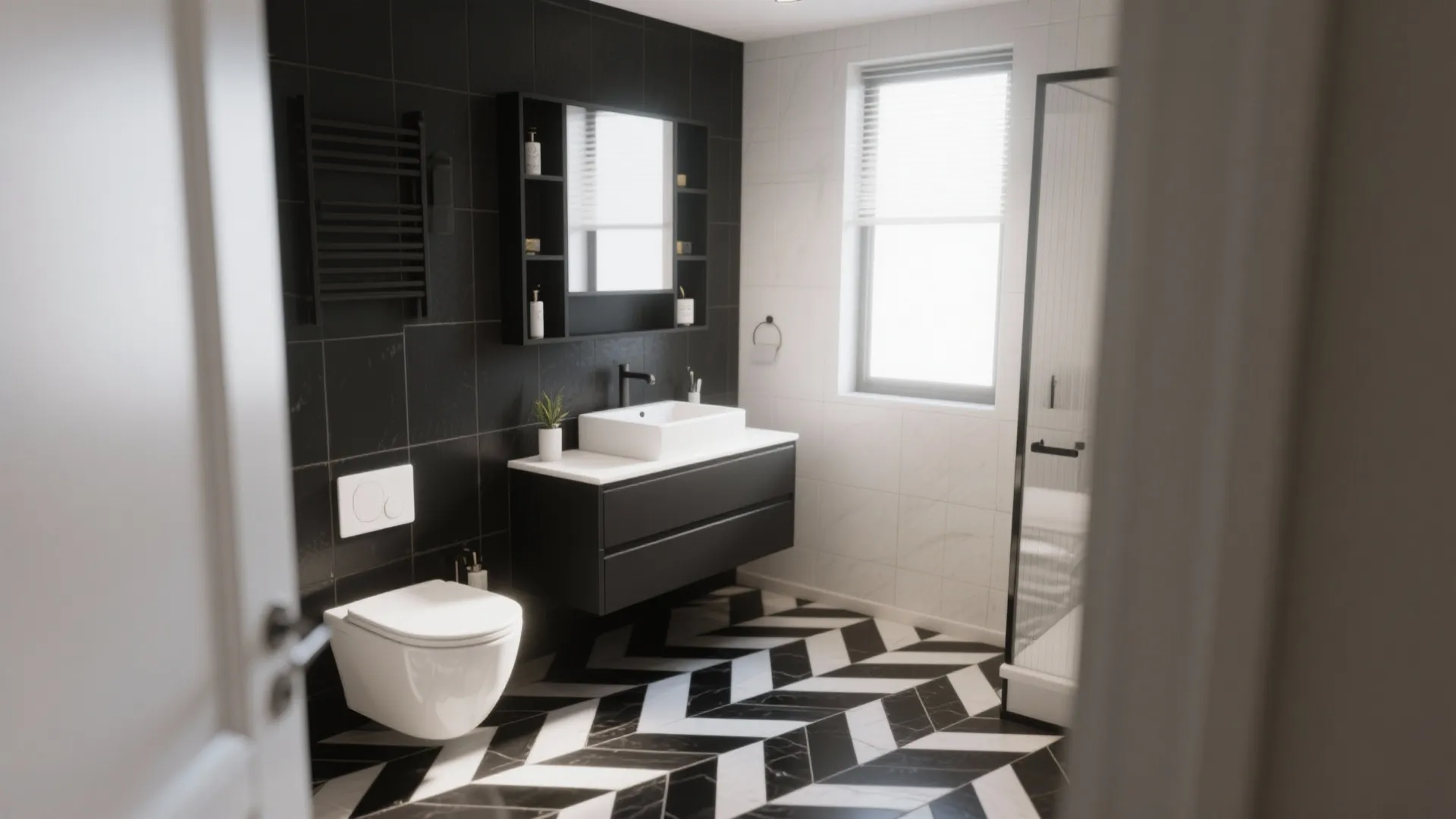 Bathroom interior with black and white zig zag floor tiles black cabinet and white toilet